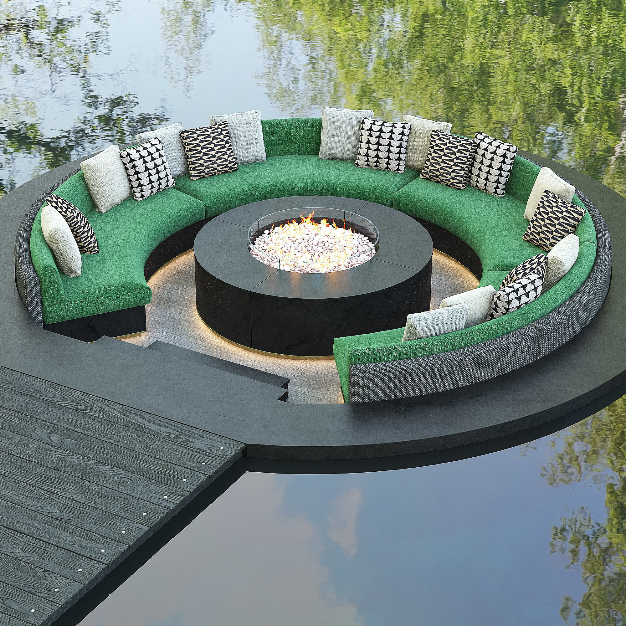 Circular Pool Lounge Fire Pit 3D model_6