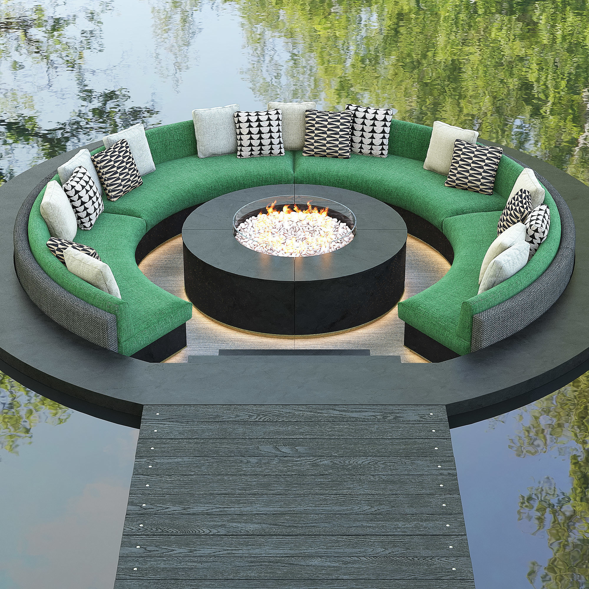 Circular Pool Lounge Fire Pit 3D model_7