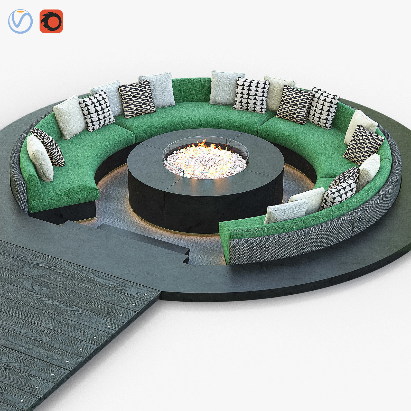 Circular Pool Lounge Fire Pit 3D model_1