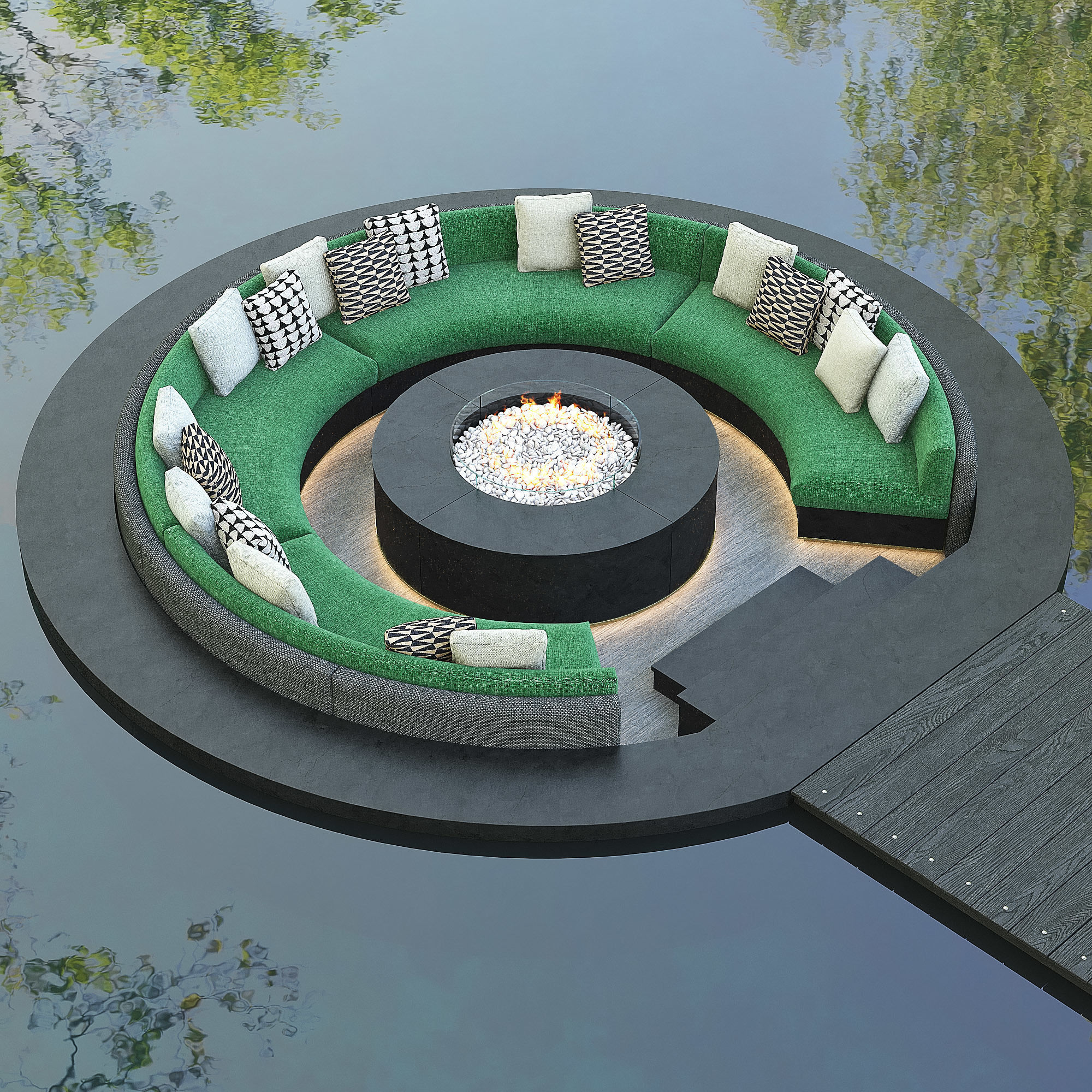 Circular Pool Lounge Fire Pit 3D model_3