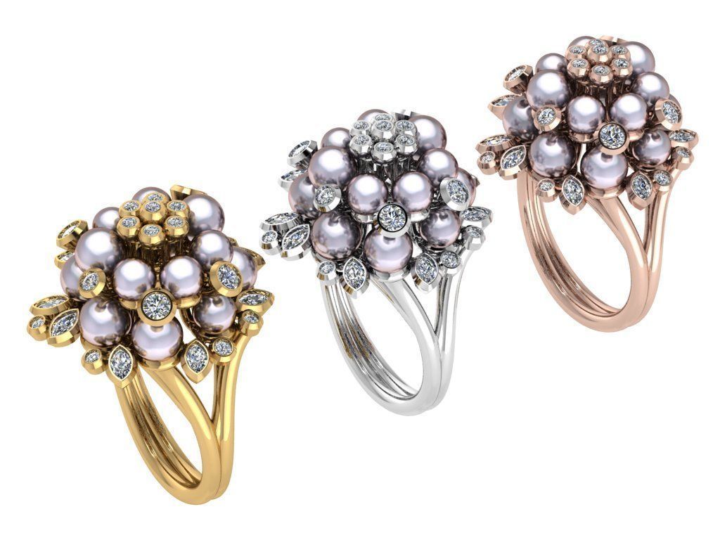 Ring261 ring with pearls and diamonds 3D print model_4