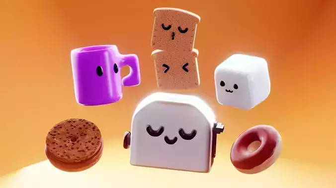 Happy breakfast food collection Low-poly 3D model