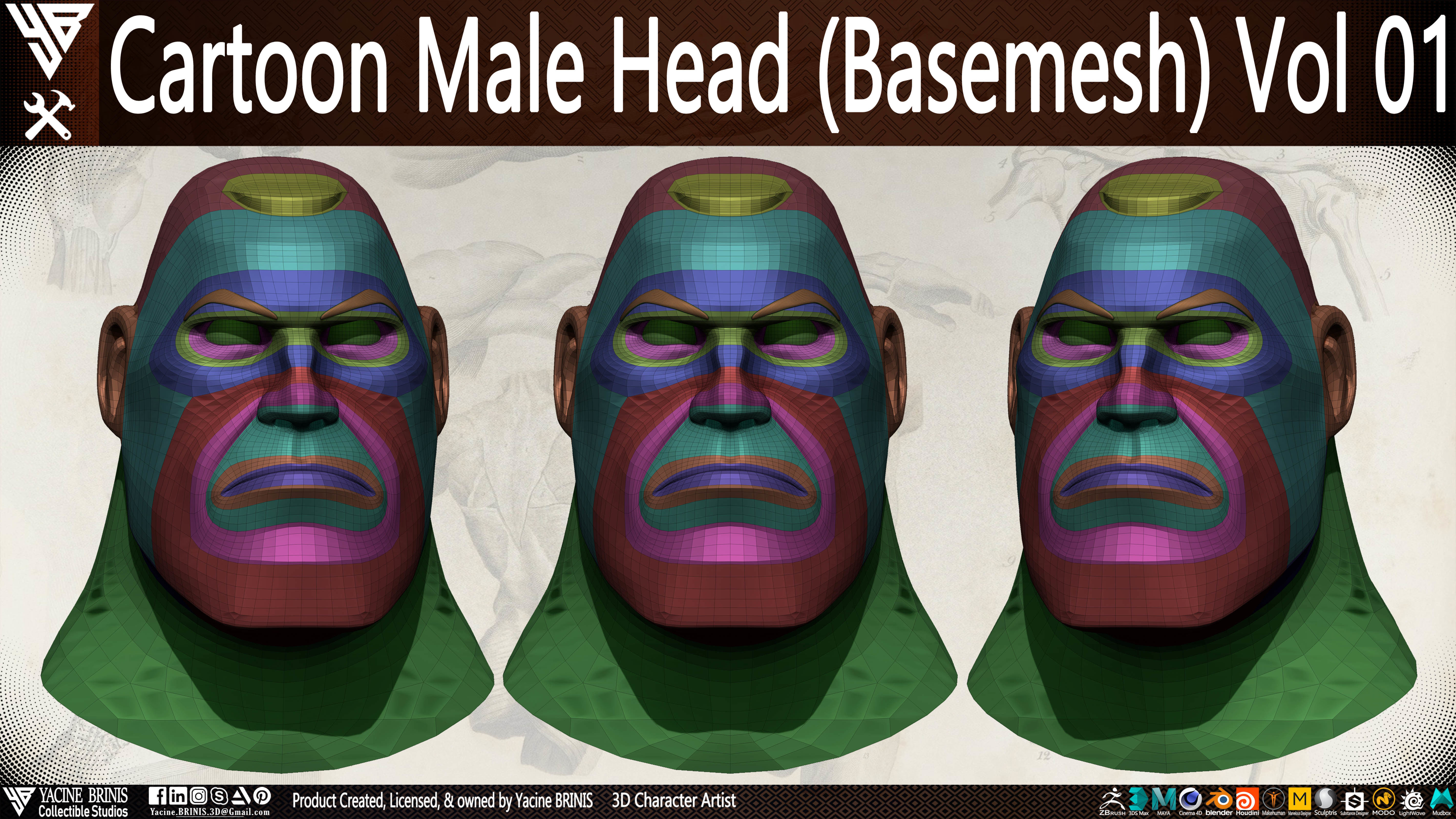 Cartoon Male Head Basemesh Vol 01 Low-poly 3D model_10