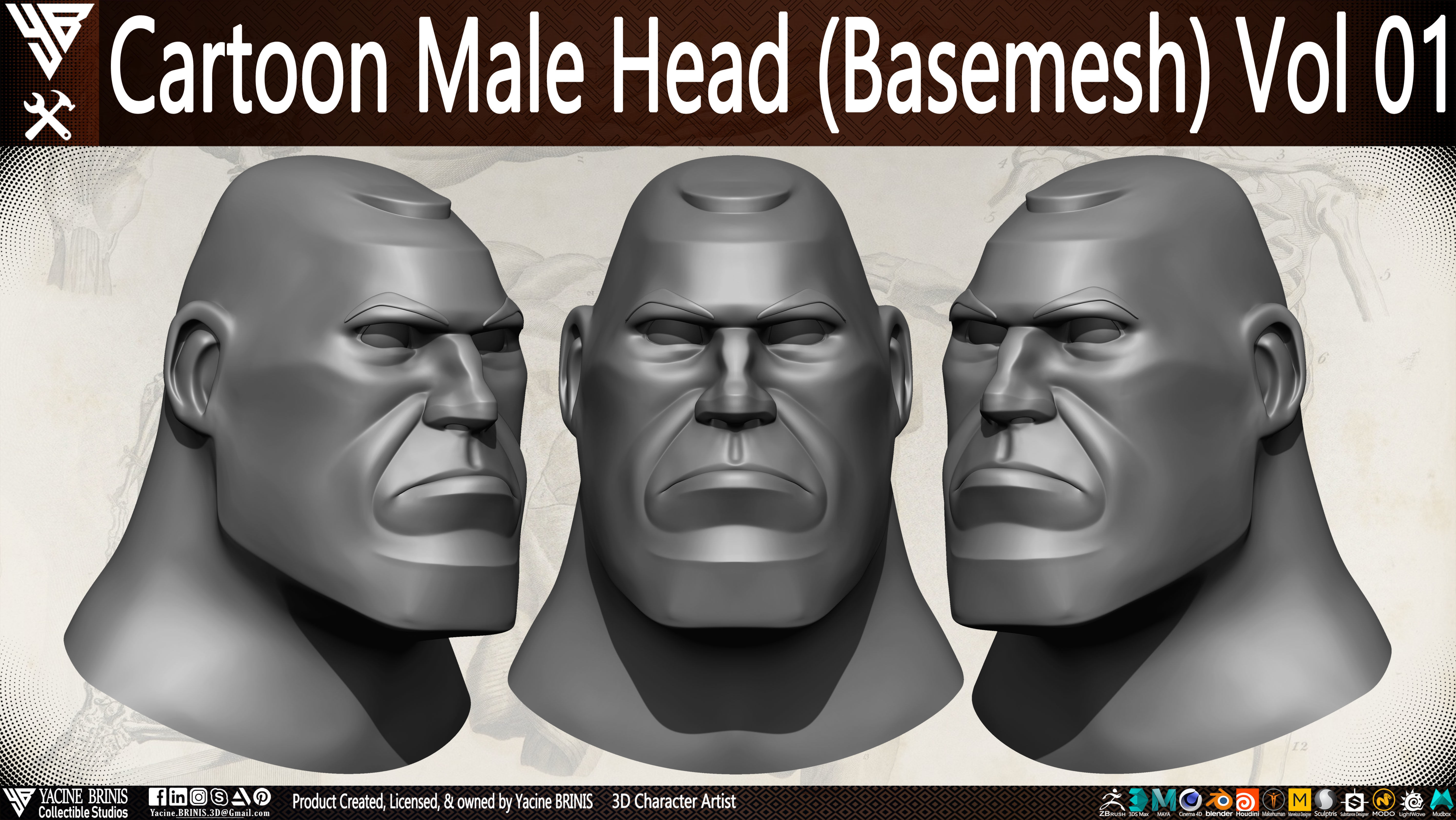 Cartoon Male Head Basemesh Vol 01 Low-poly 3D model_5