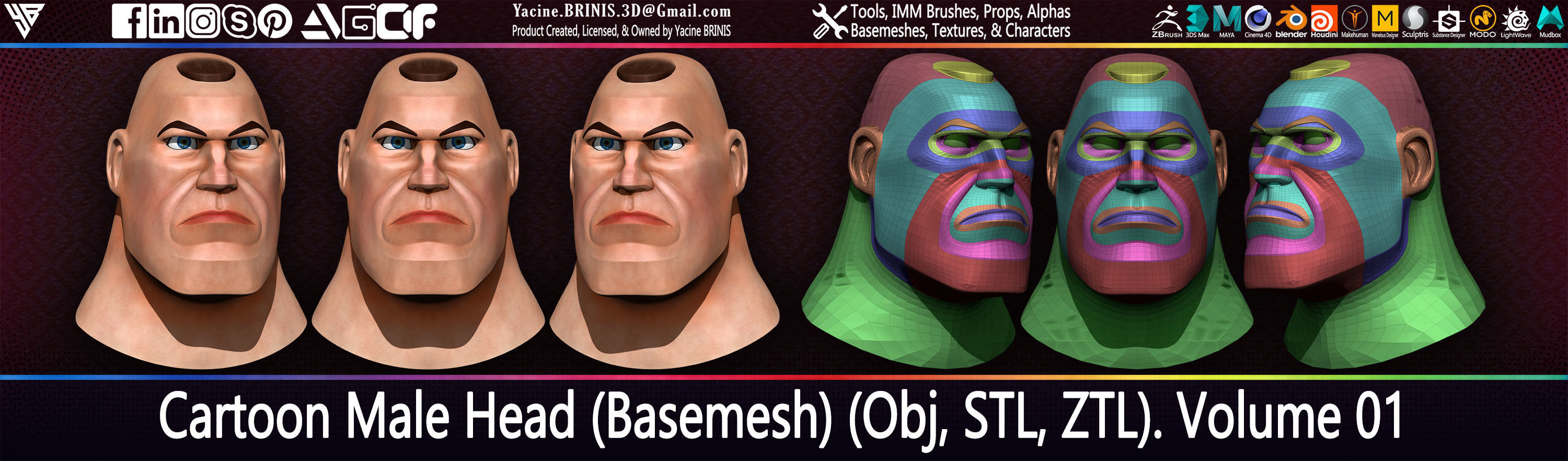 Cartoon Male Head Basemesh Vol 01 Low-poly 3D model_15