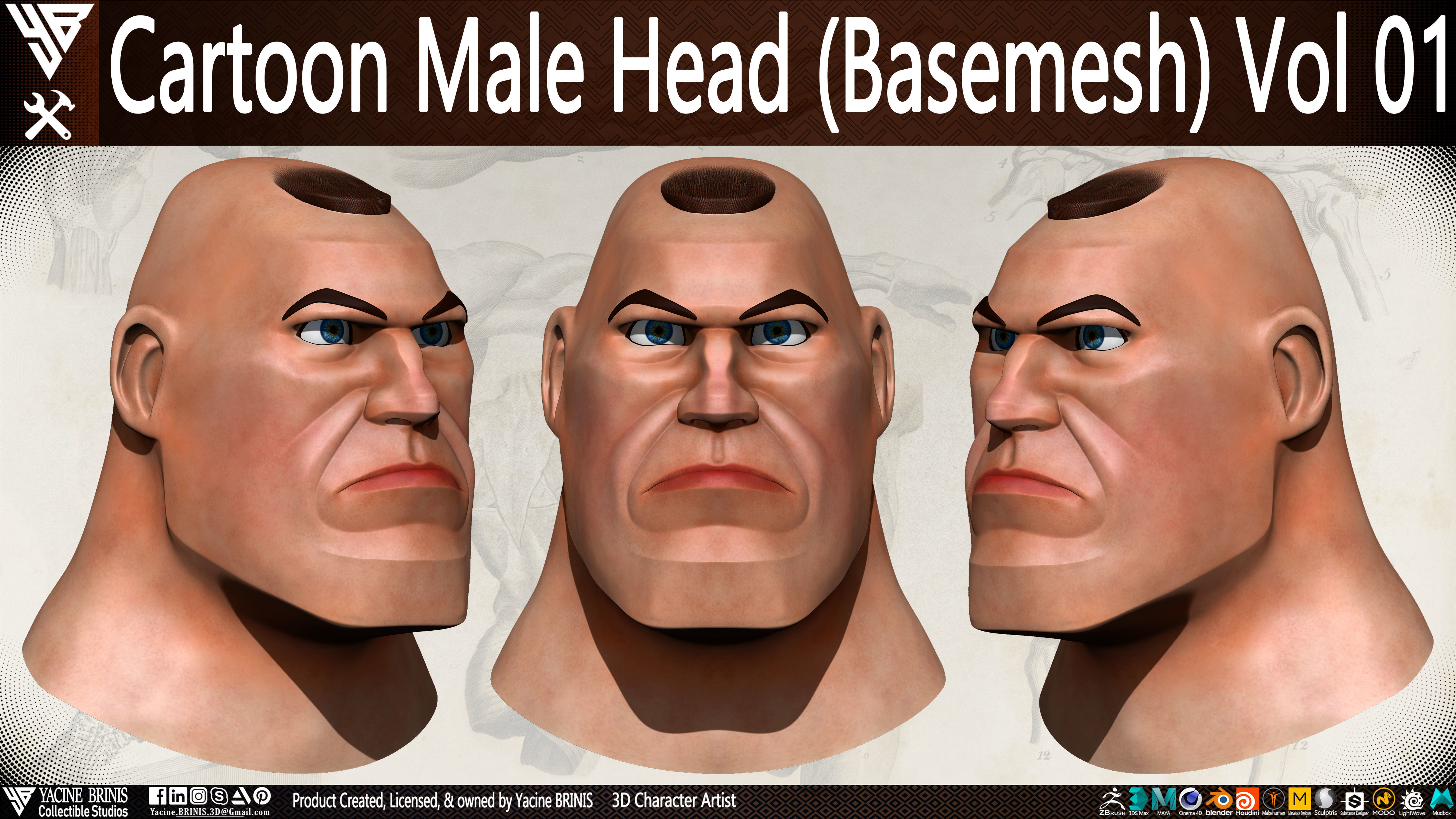 Cartoon Male Head Basemesh Vol 01 Low-poly 3D model_1
