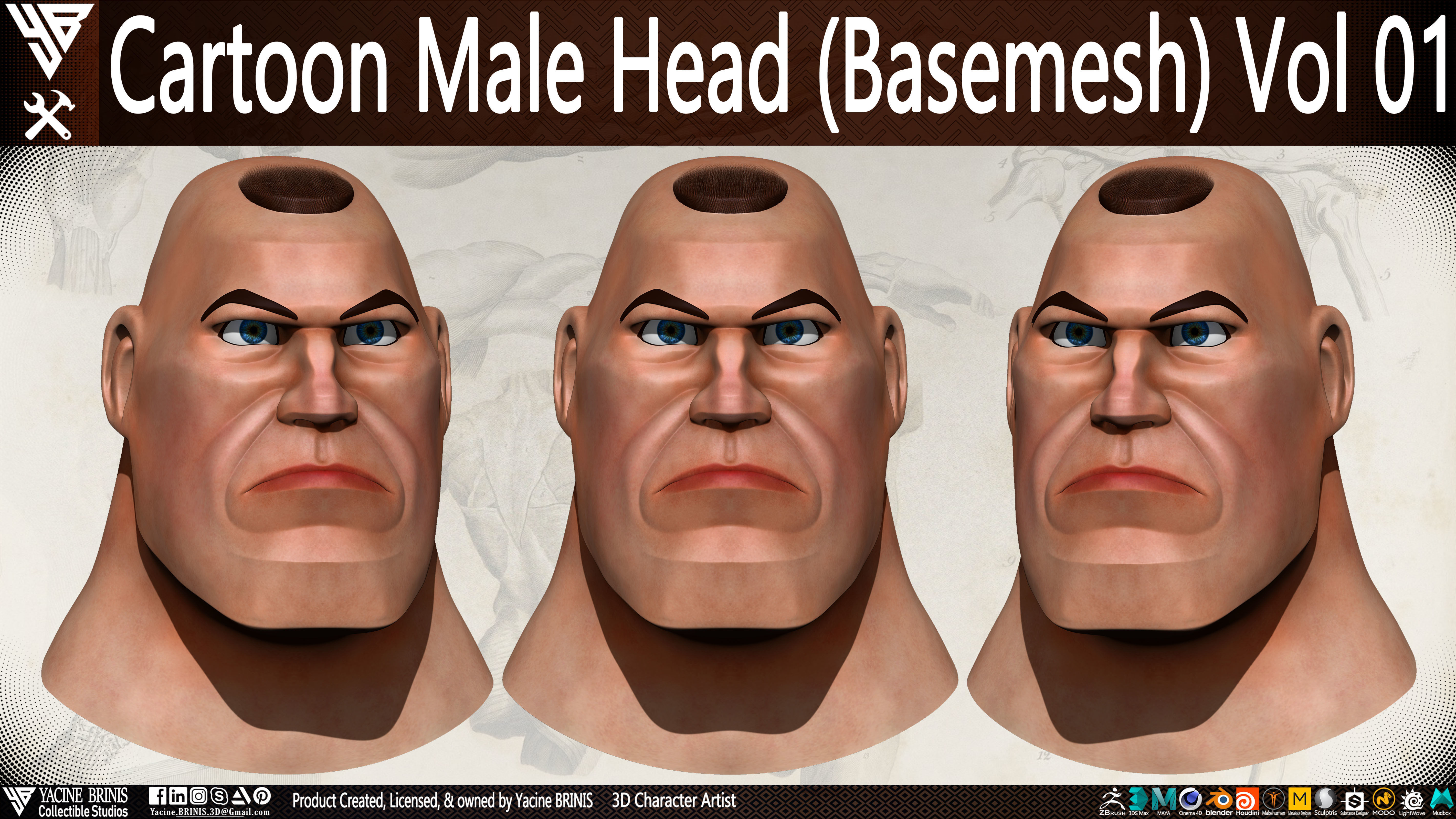 Cartoon Male Head Basemesh Vol 01 Low-poly 3D model_2