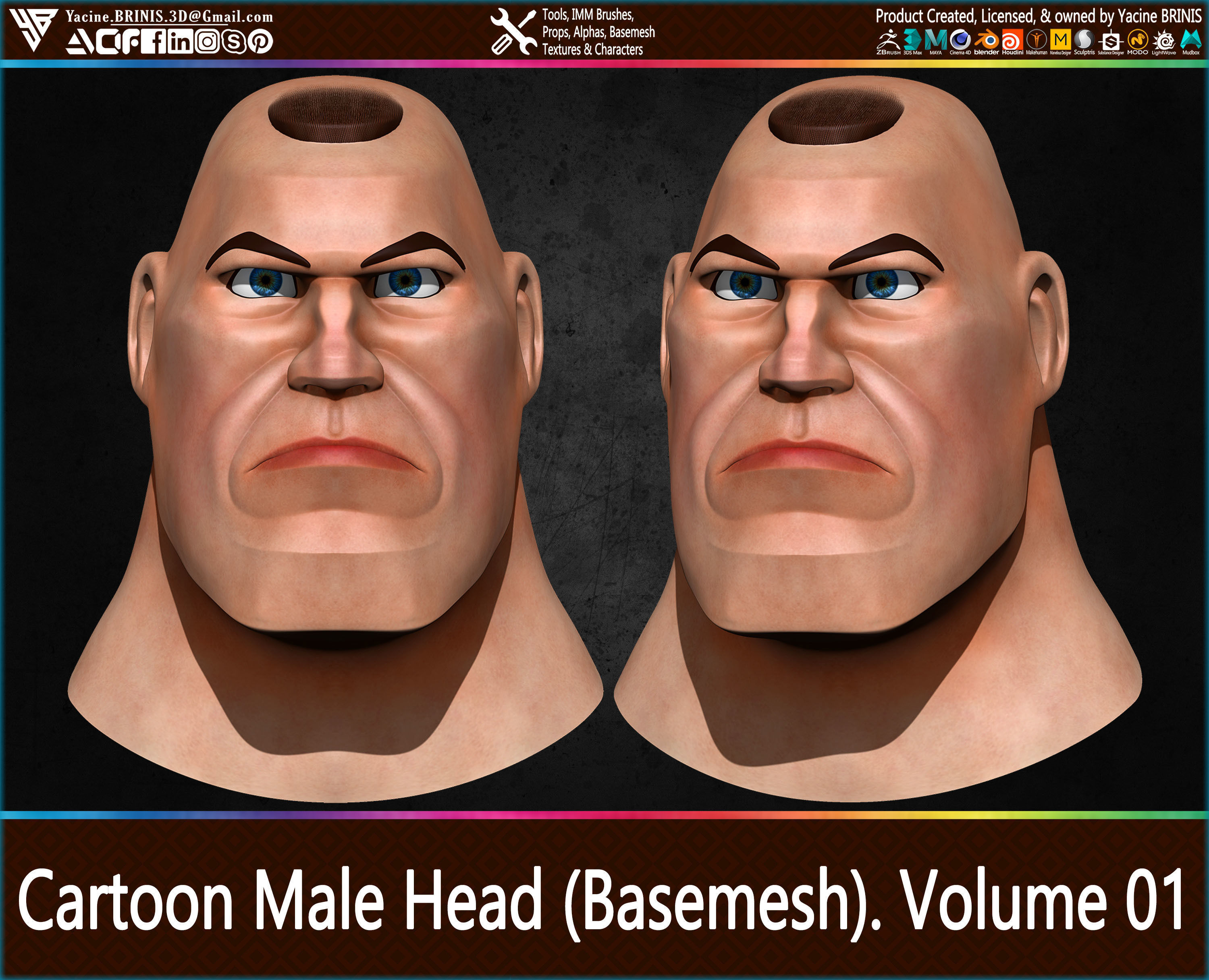 Cartoon Male Head Basemesh Vol 01 Low-poly 3D model_14