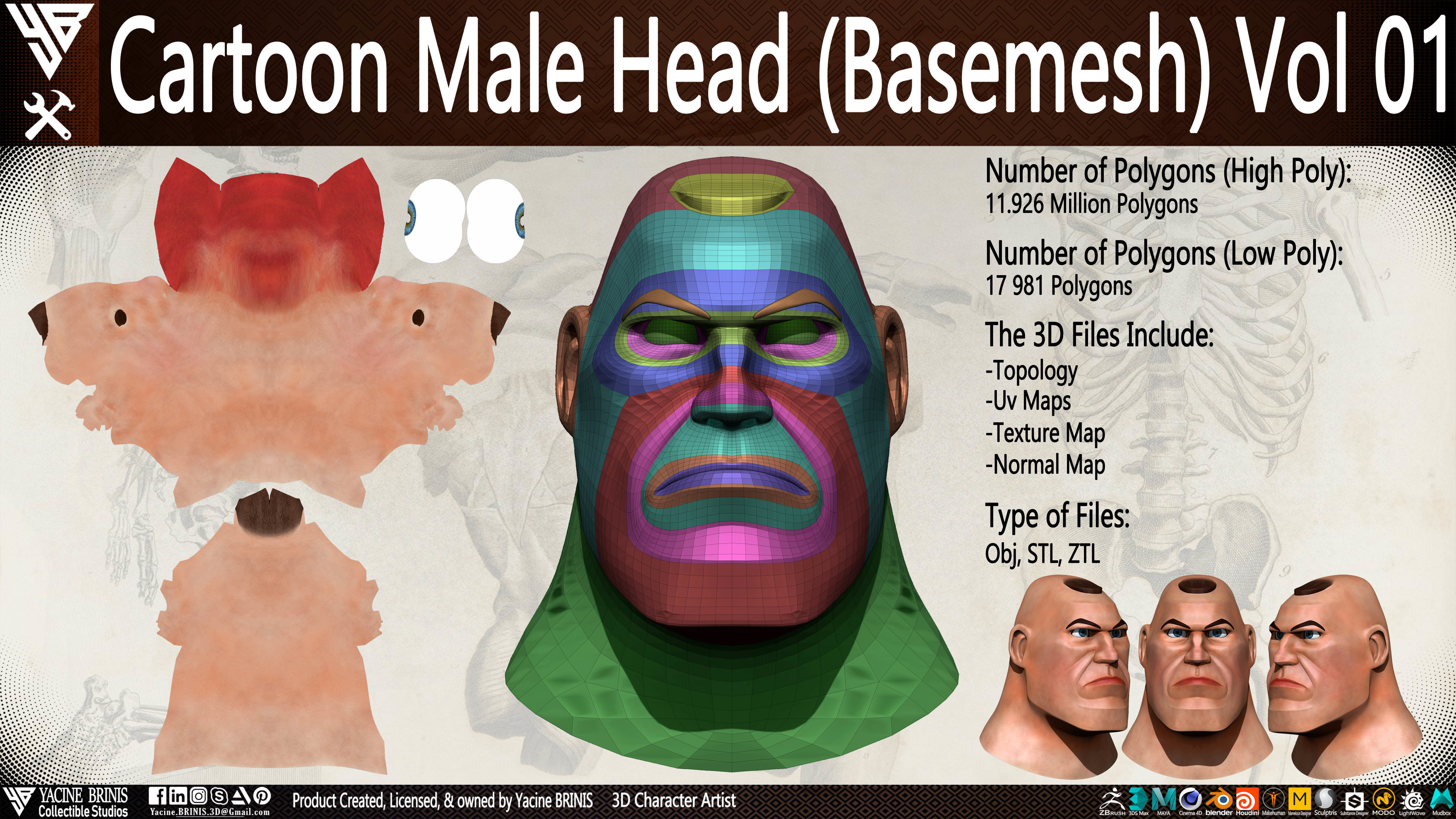 Cartoon Male Head Basemesh Vol 01 Low-poly 3D model_25
