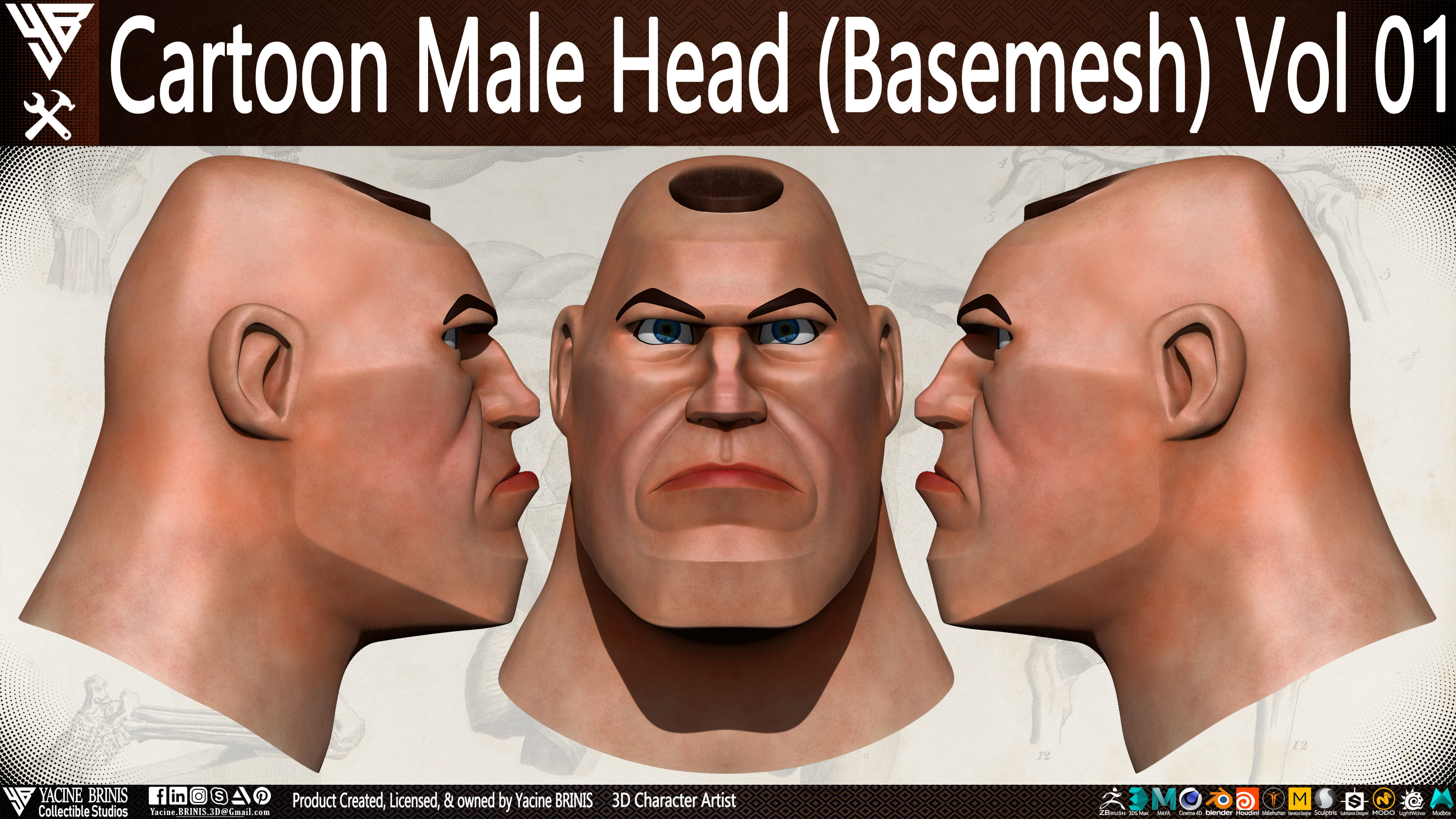 Cartoon Male Head Basemesh Vol 01 Low-poly 3D model_3