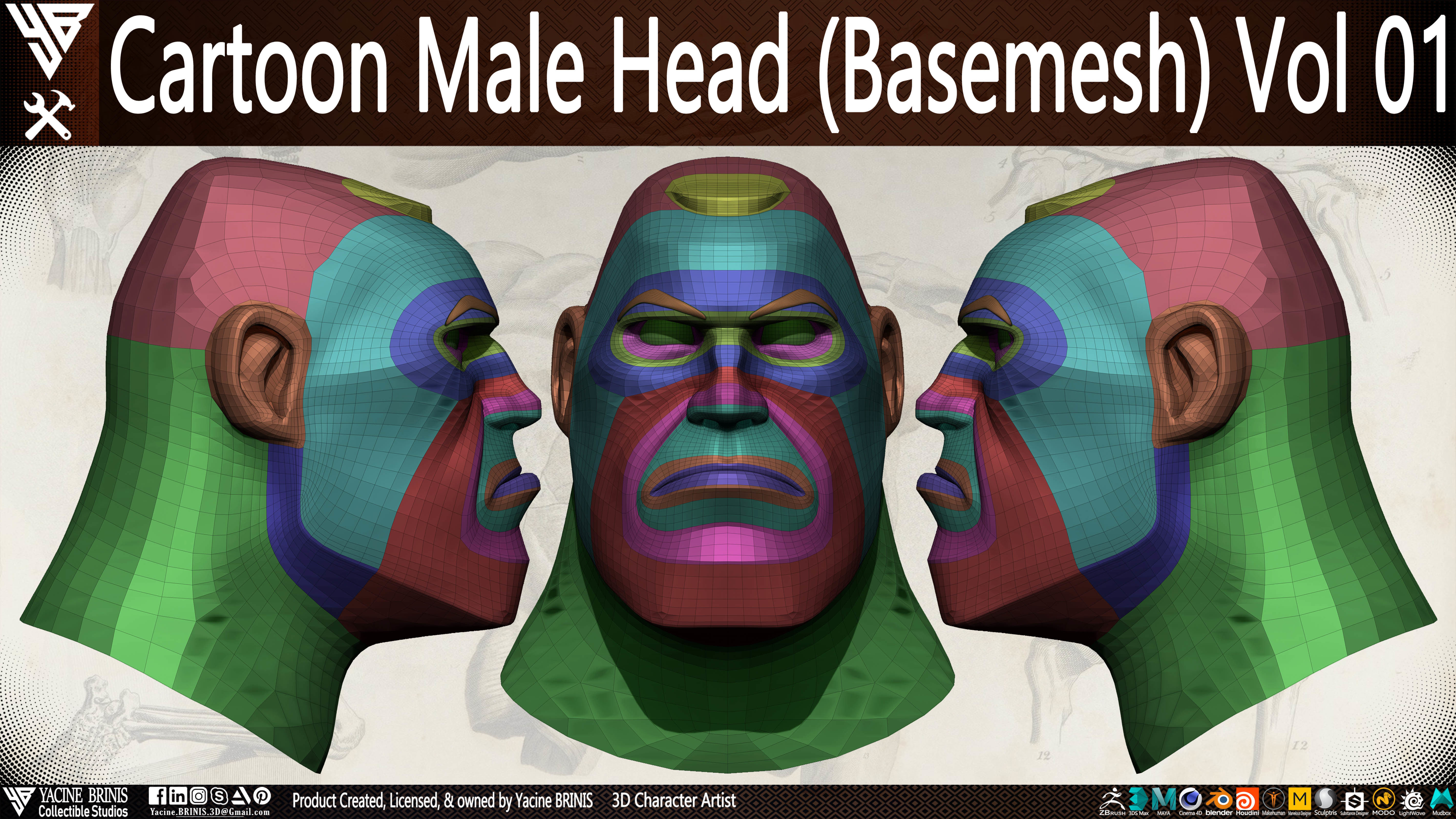 Cartoon Male Head Basemesh Vol 01 Low-poly 3D model_31