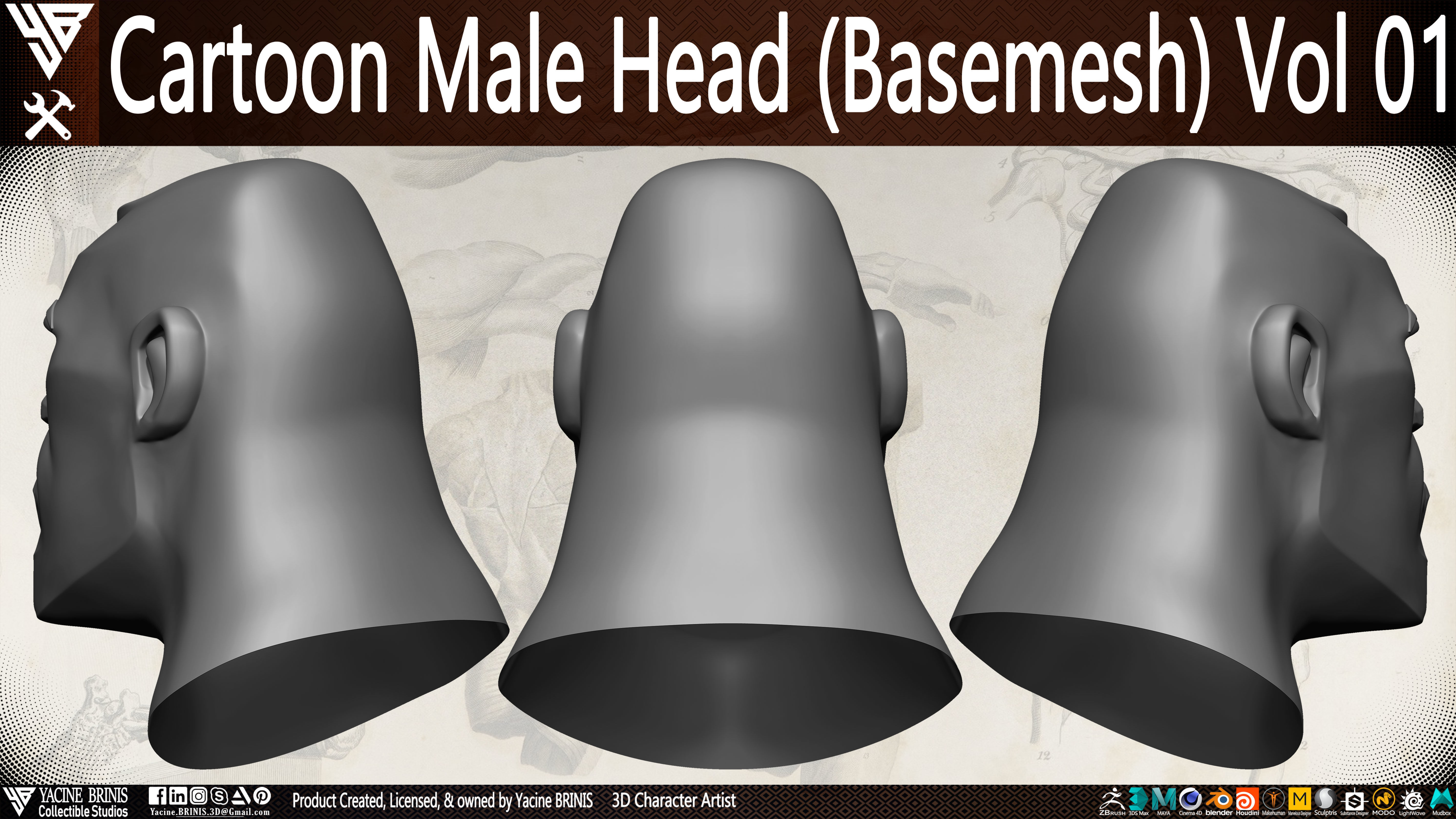 Cartoon Male Head Basemesh Vol 01 Low-poly 3D model_8