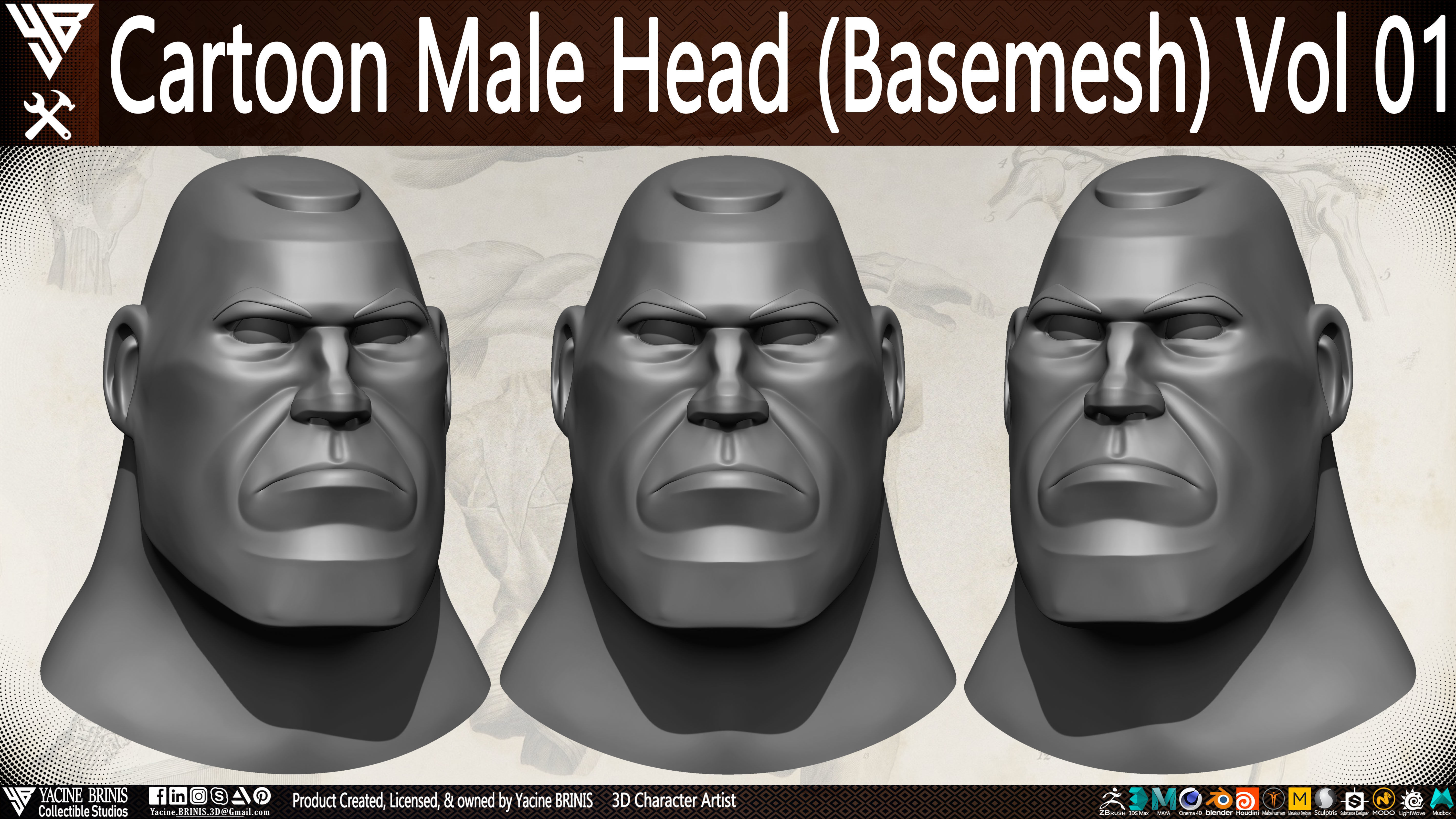 Cartoon Male Head Basemesh Vol 01 Low-poly 3D model_6