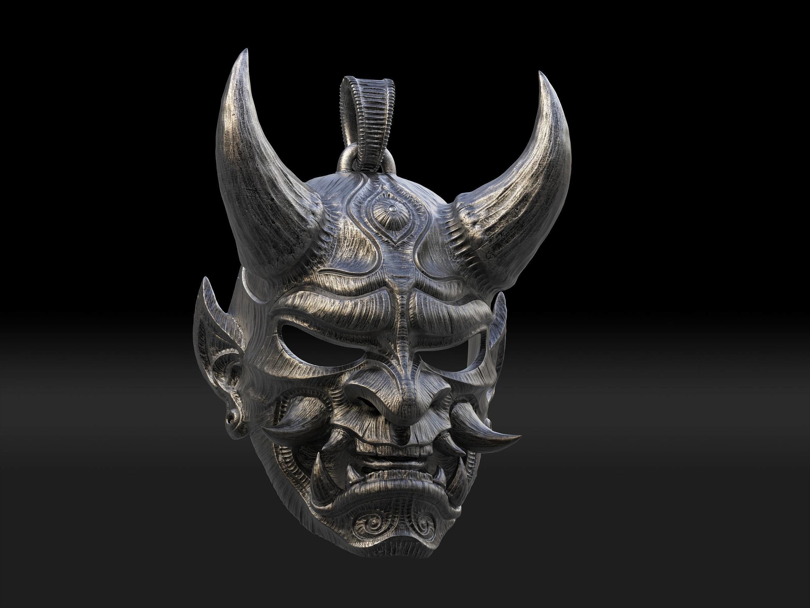 Hannya mask pendant Oni Mask Samurai Mask necklace 3D model 3D print model_4