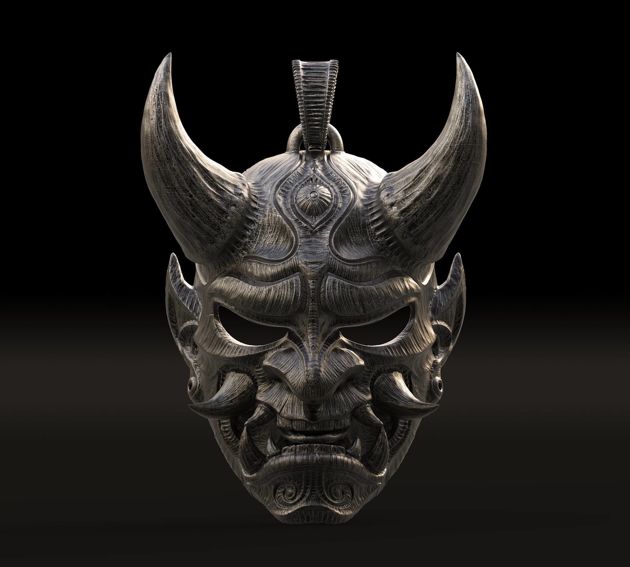 Hannya mask pendant Oni Mask Samurai Mask necklace 3D model 3D print model_1