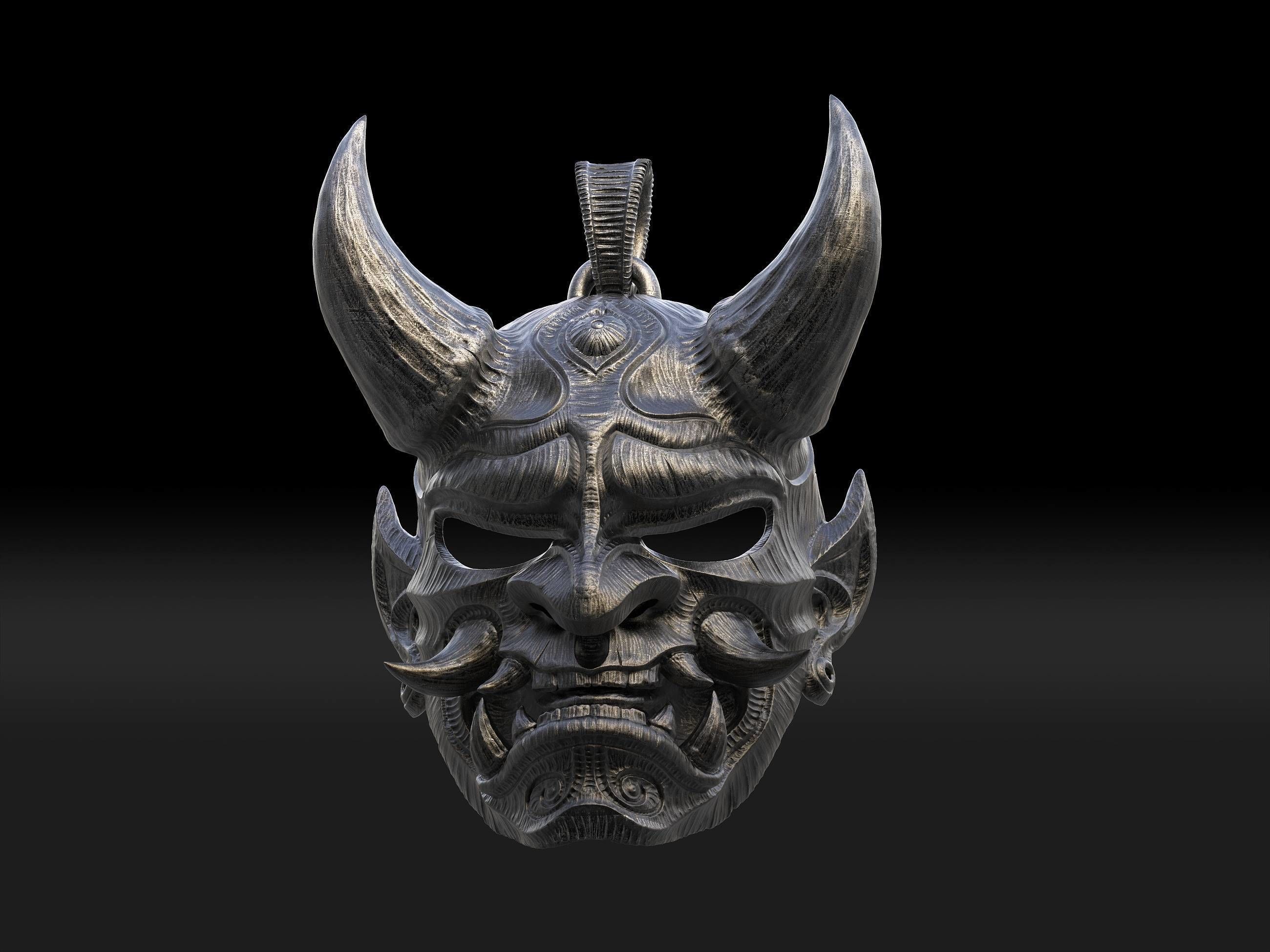 Hannya mask pendant Oni Mask Samurai Mask necklace 3D model 3D print model_2