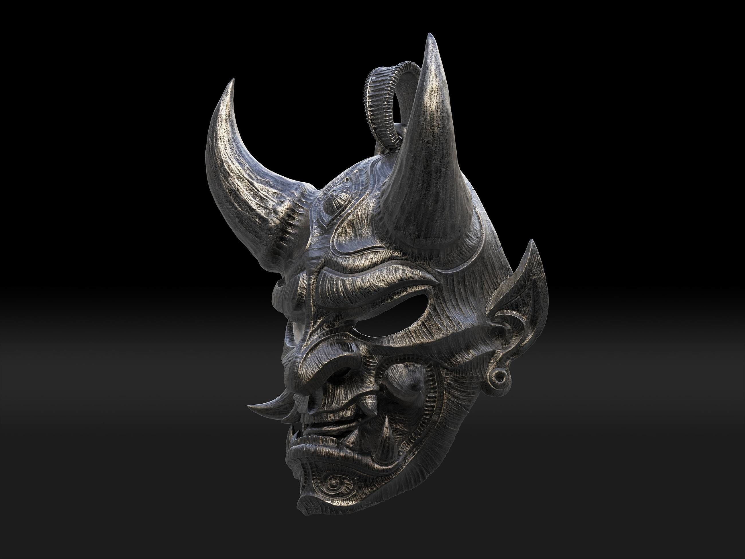Hannya mask pendant Oni Mask Samurai Mask necklace 3D model 3D print model_7