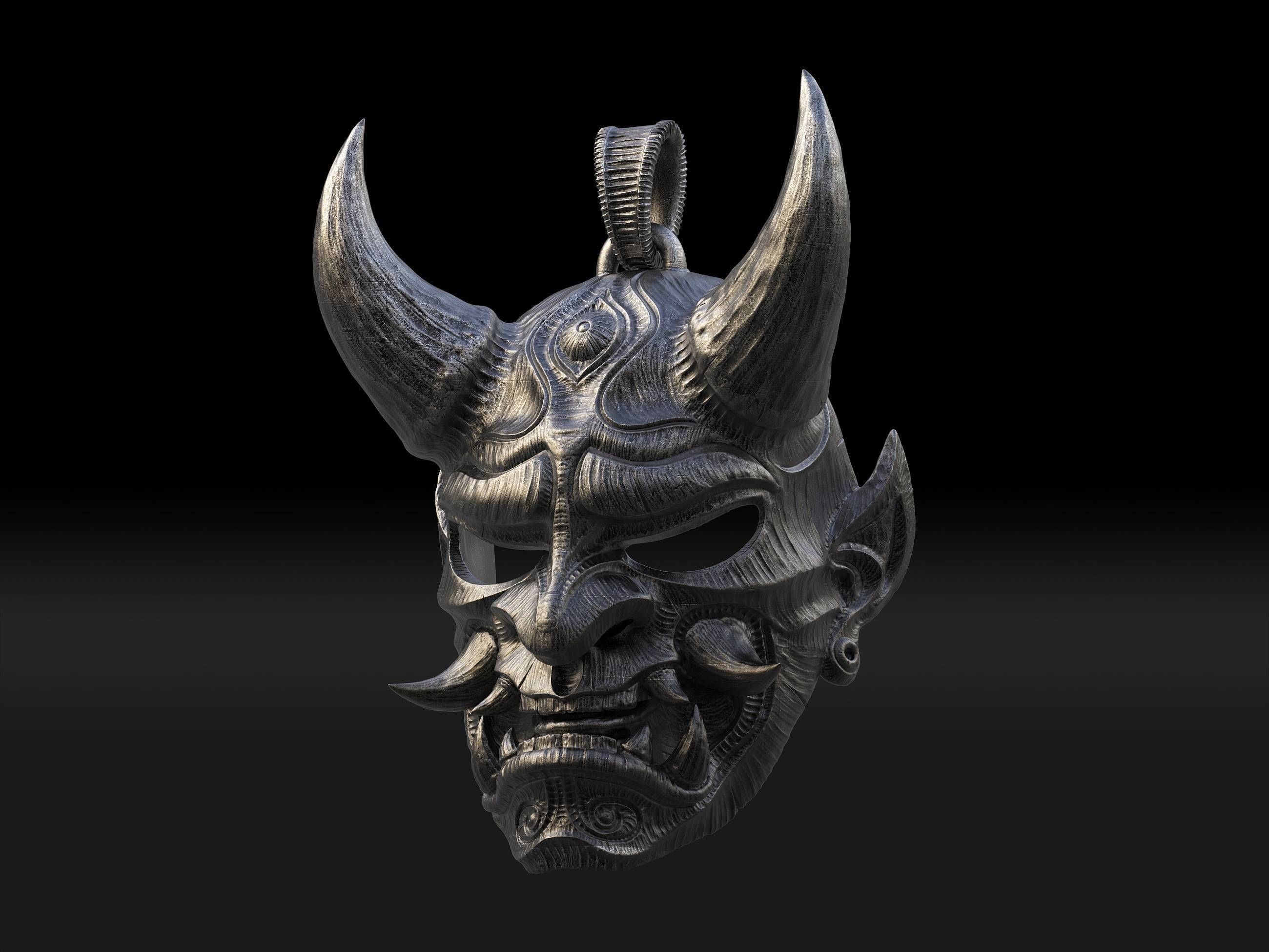 Hannya mask pendant Oni Mask Samurai Mask necklace 3D model 3D print model_5