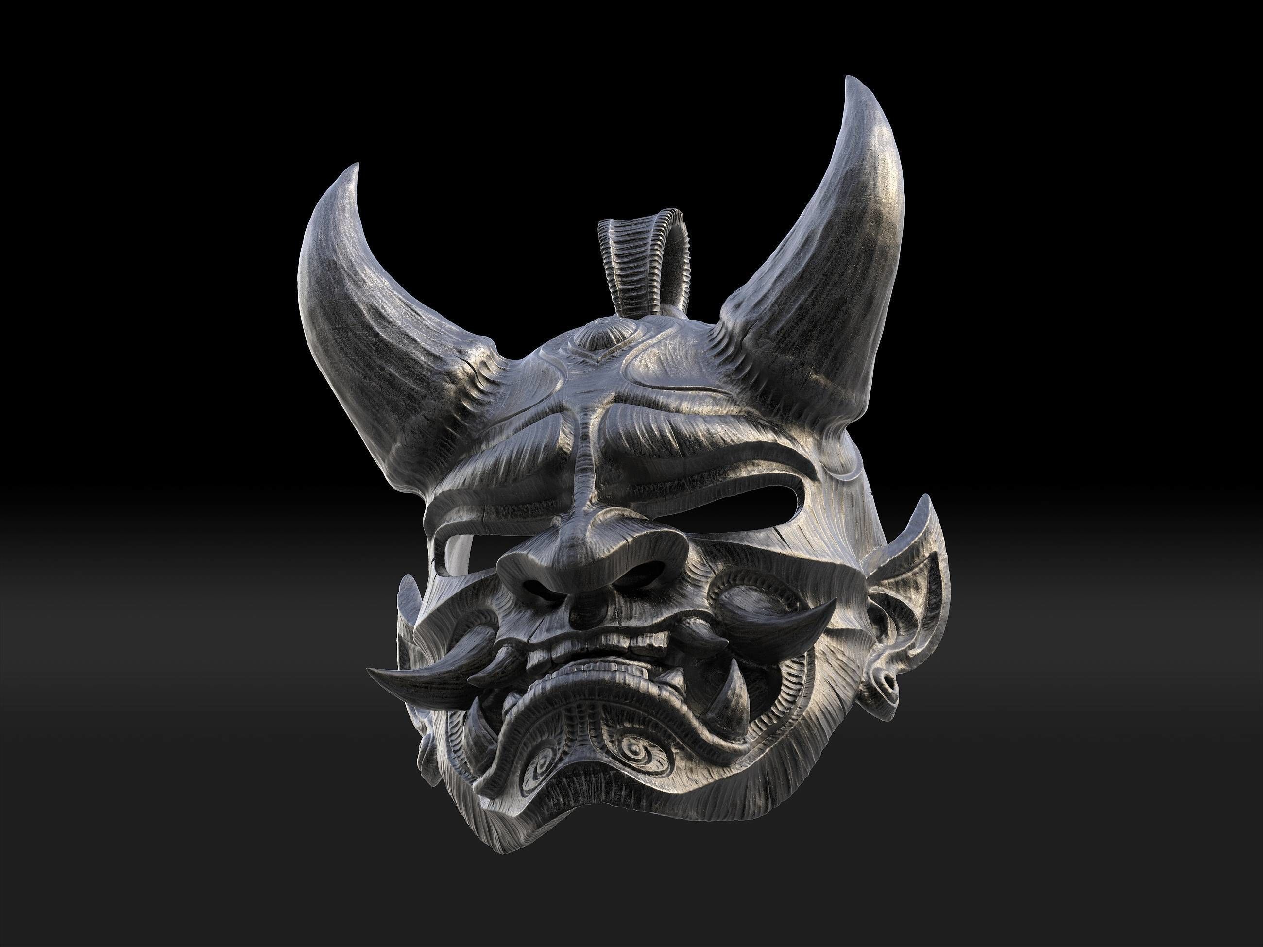 Hannya mask pendant Oni Mask Samurai Mask necklace 3D model 3D print model_18