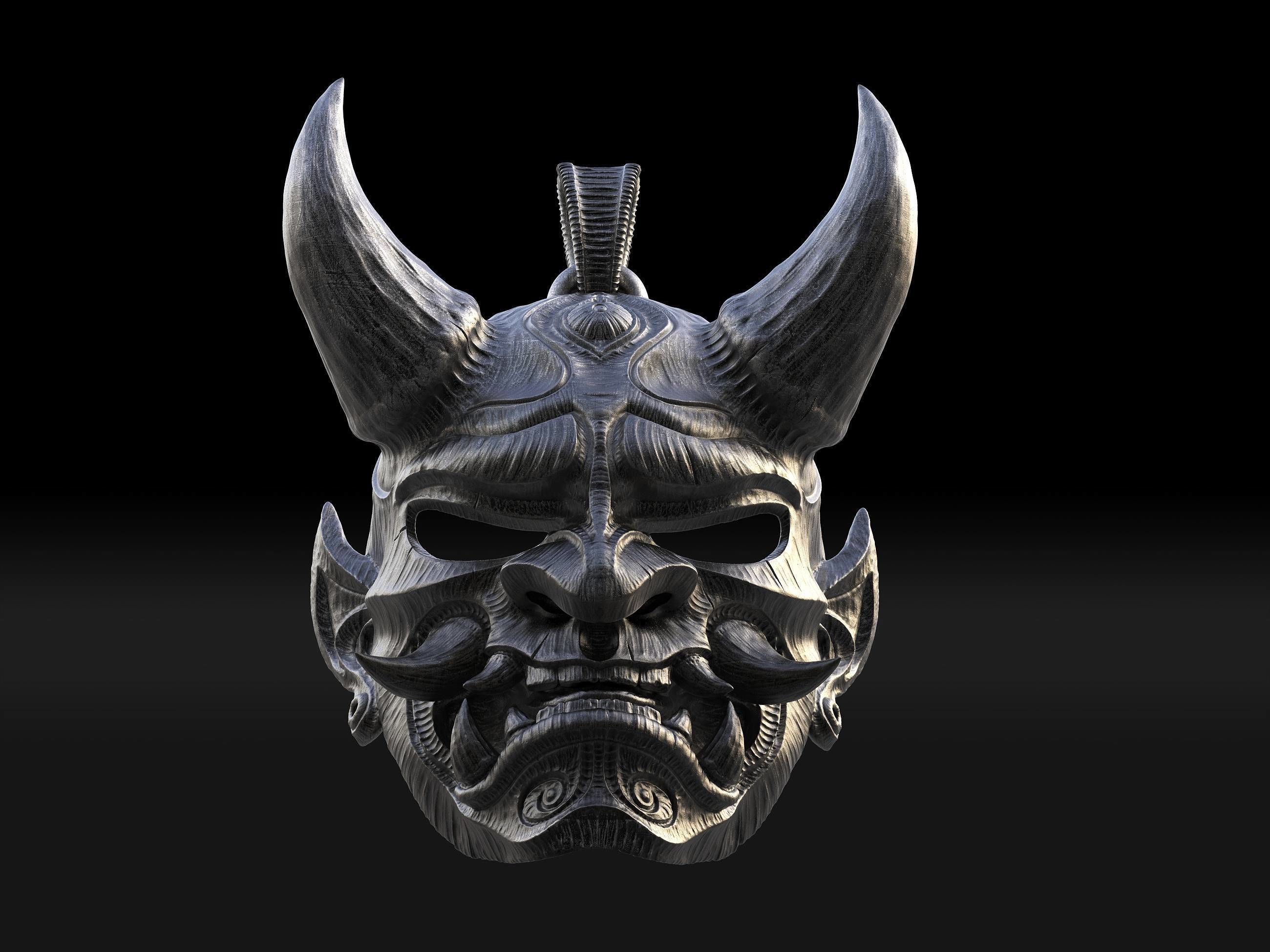 Hannya mask pendant Oni Mask Samurai Mask necklace 3D model 3D print model_3