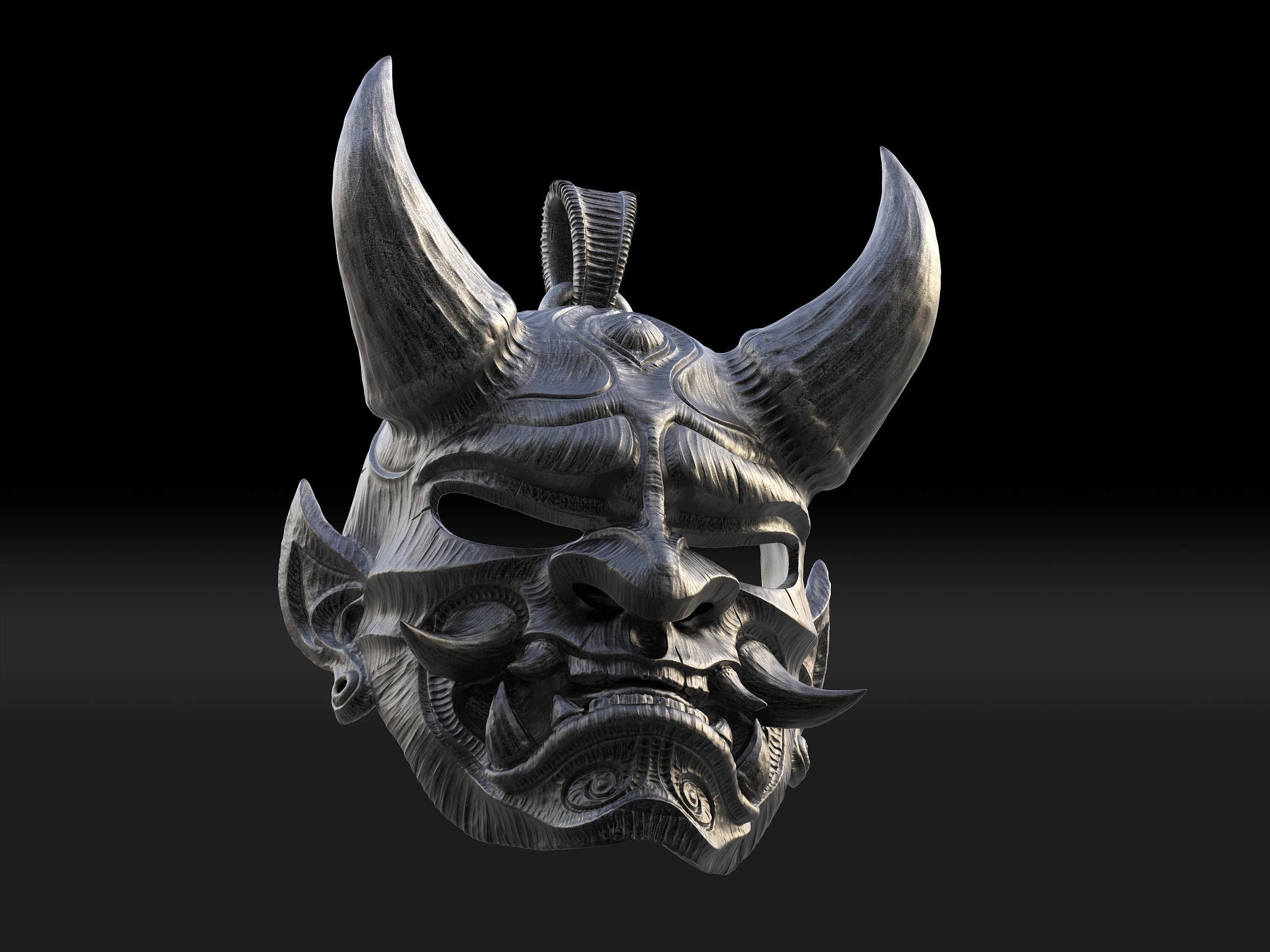 Hannya mask pendant Oni Mask Samurai Mask necklace 3D model 3D print model_6