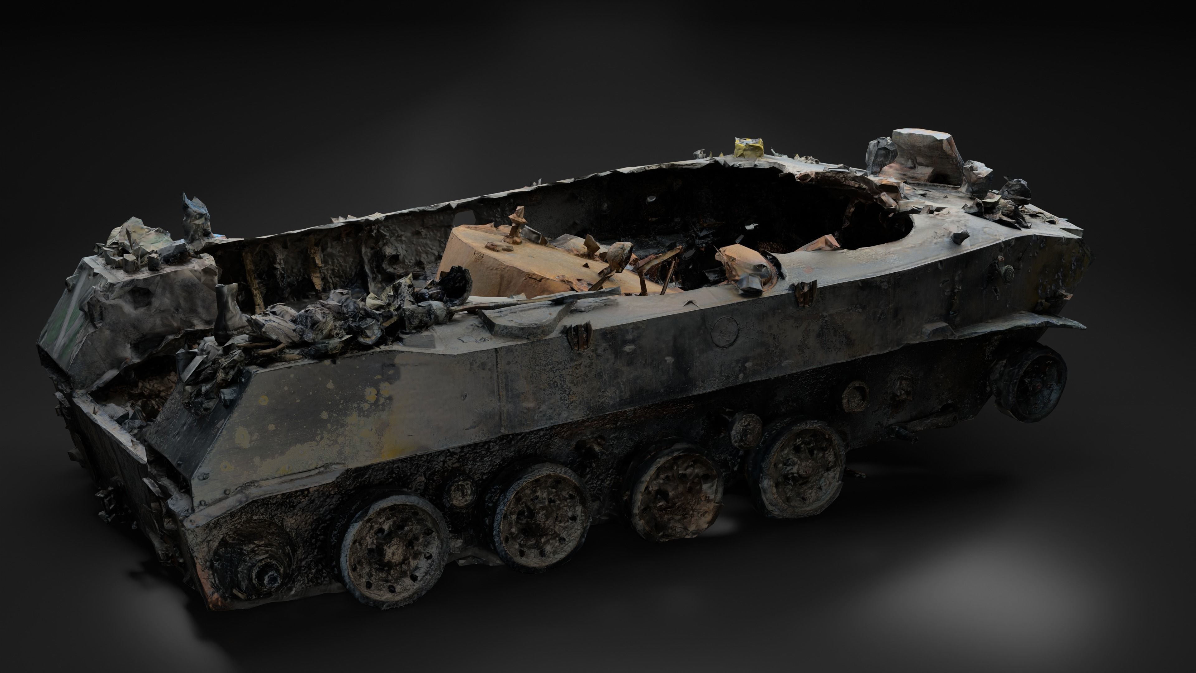 Destroyed and burnt Russian BMD-2 Photoscan PBR Game Ready Low-poly 3D model_9