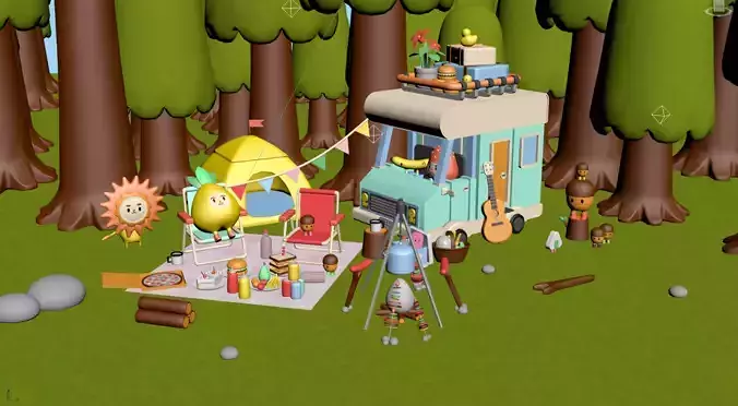 cartoon camper in woods