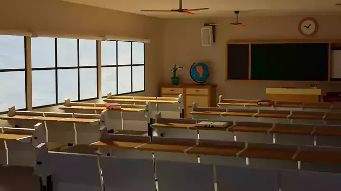 classroom empty with desks and chairs