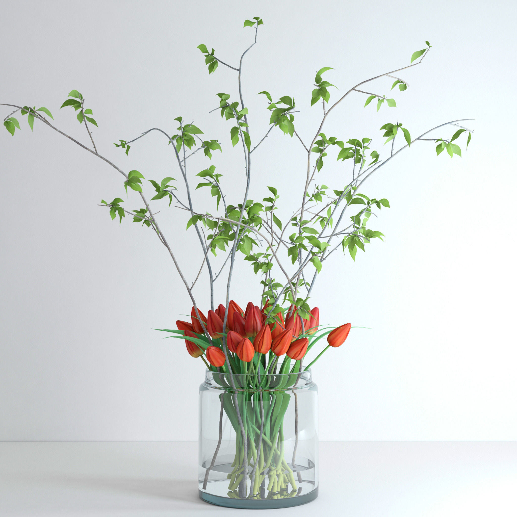 Tulips with spring branches 3D model_1