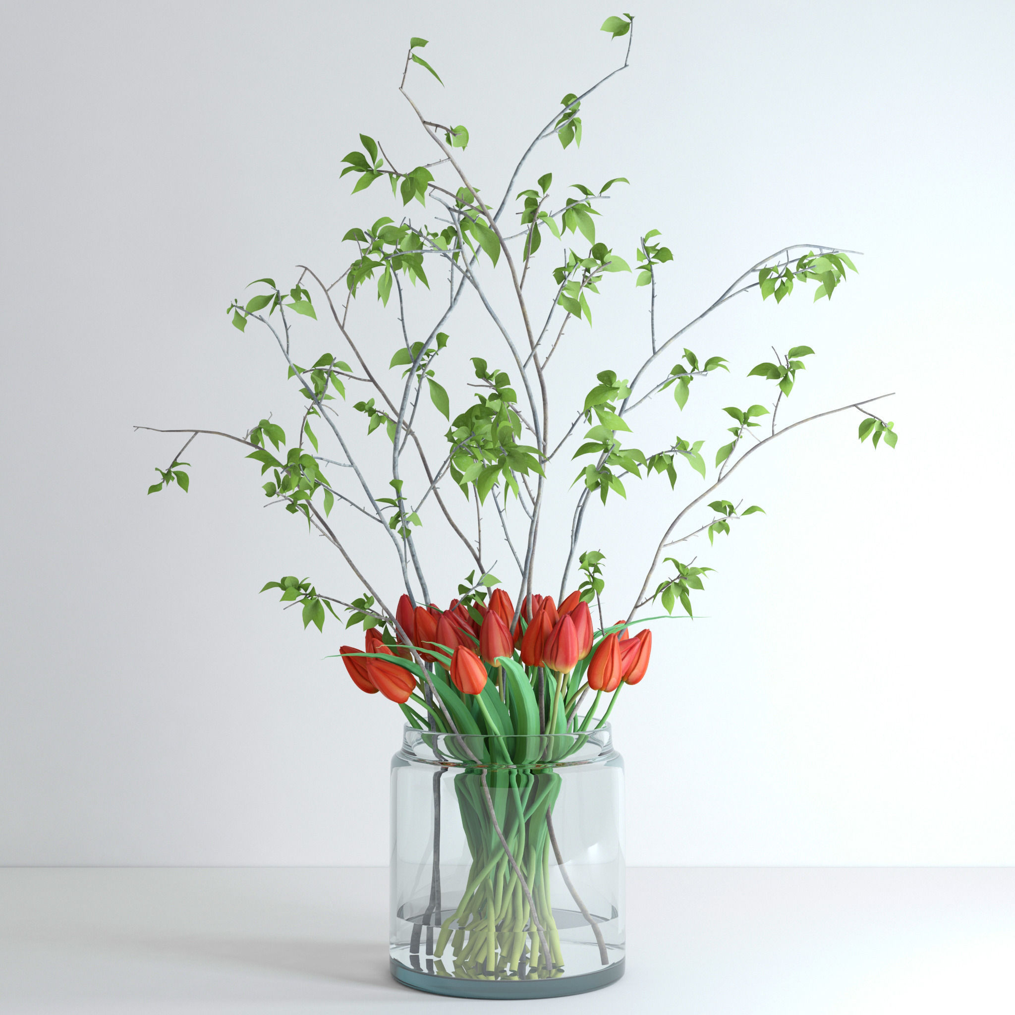 Tulips with spring branches 3D model_2