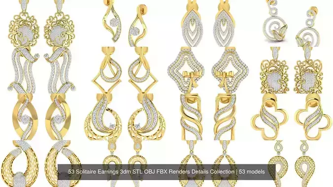 53 Solitaire Earrings 3dm STL OBJ FBX Renders Details Collection