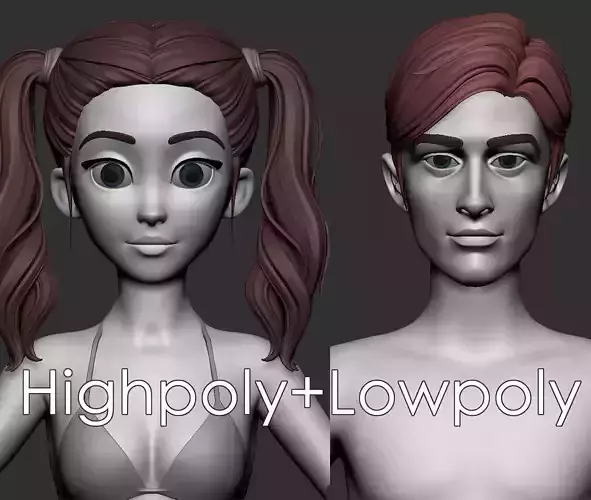 Male and female cartoon with hair stylized basemesh  Low-poly 3D model Male and female cartoon with hair stylized basemesh  Low-poly 3D model
