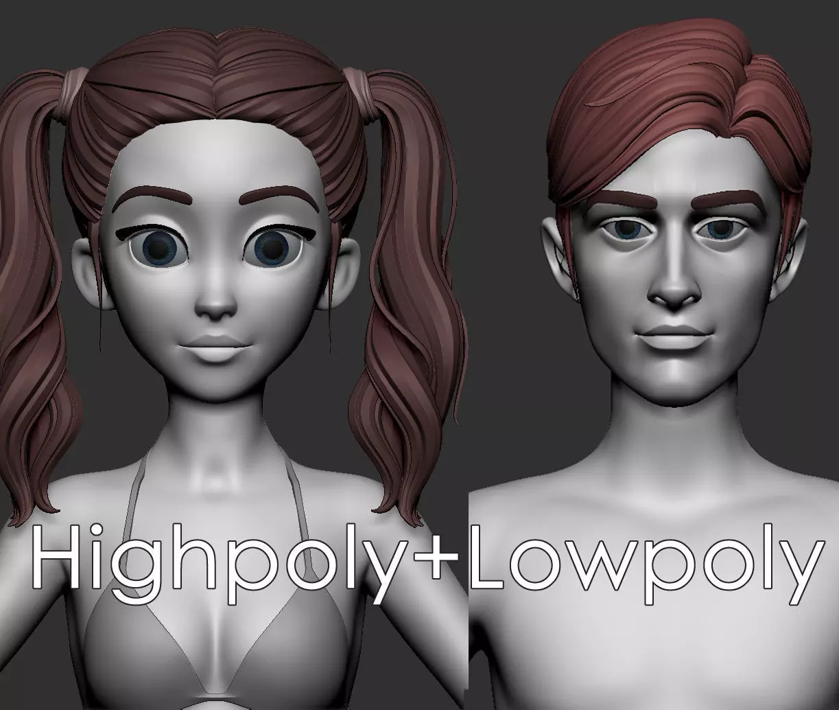 Male and female cartoon with hair stylized basemesh  Low-poly 3D model_0