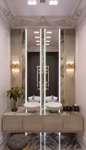 Bathroom modern with marble counter top and two sinks