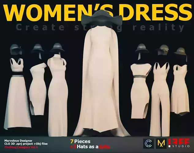 7 WOMENS DRESS Marvelous Designer and  3 HATS AS A GIFT 