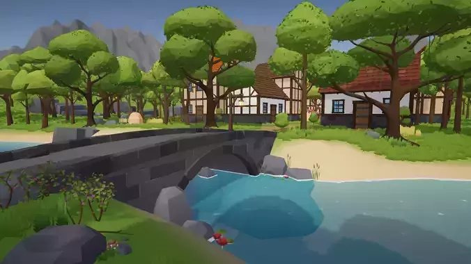Low Poly Fantasy Valley with Medieval Village Low-poly 3D model