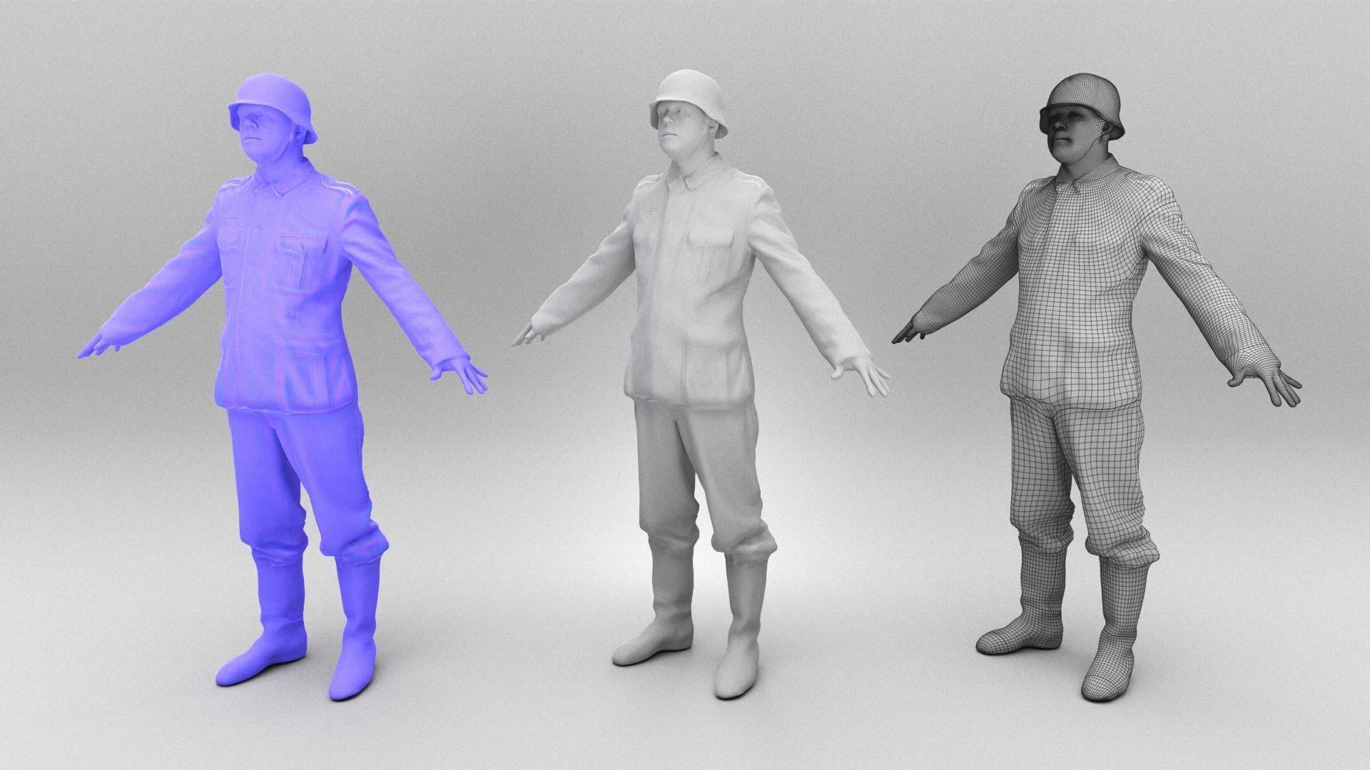 German Wehrmacht soldier in A-pose 374 Low-poly 3D model_4