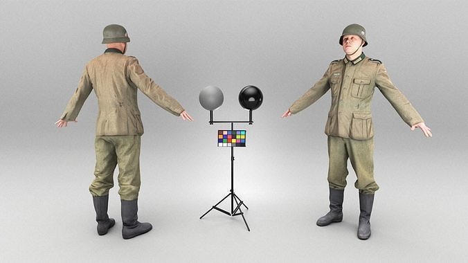 German Wehrmacht soldier in A-pose 374 Low-poly 3D model