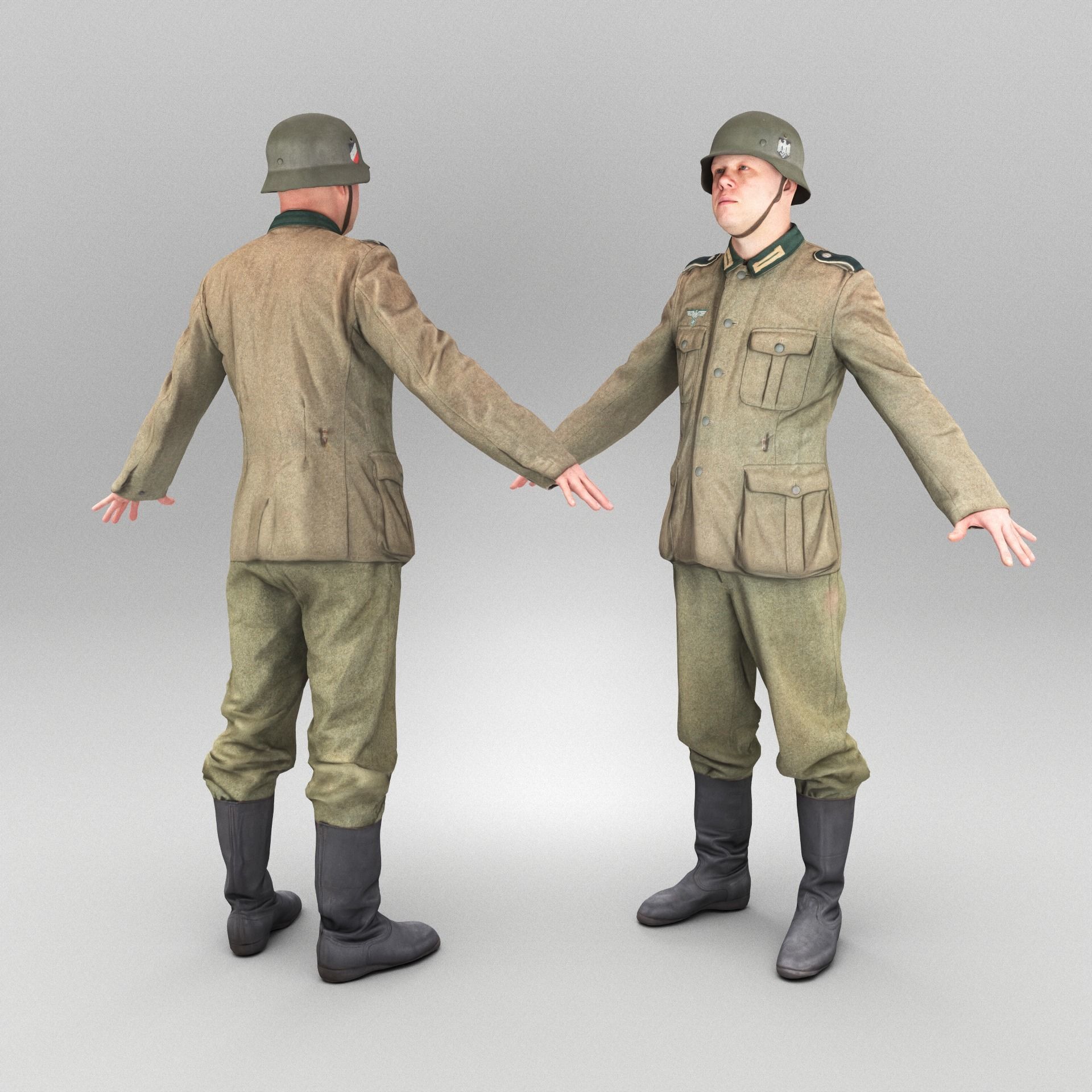 German Wehrmacht soldier in A-pose 374 Low-poly 3D model_2