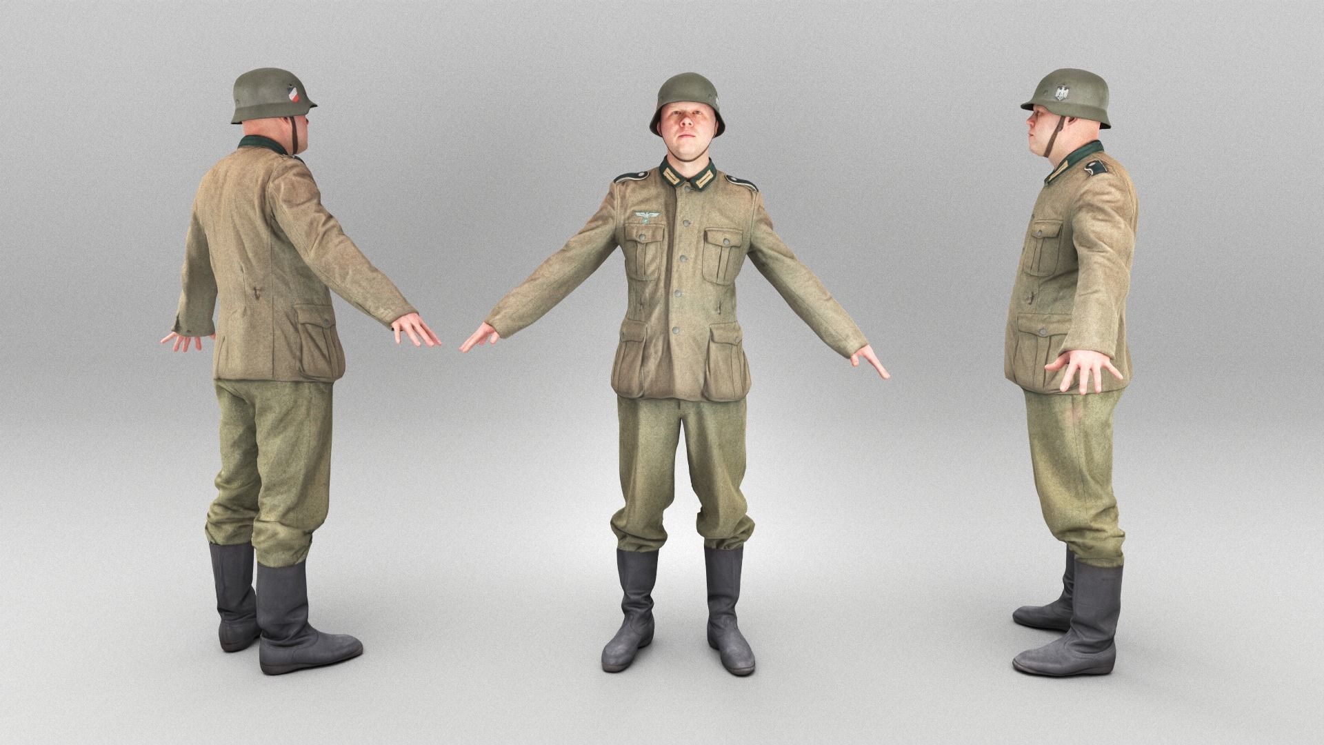 German Wehrmacht soldier in A-pose 374 Low-poly 3D model_3