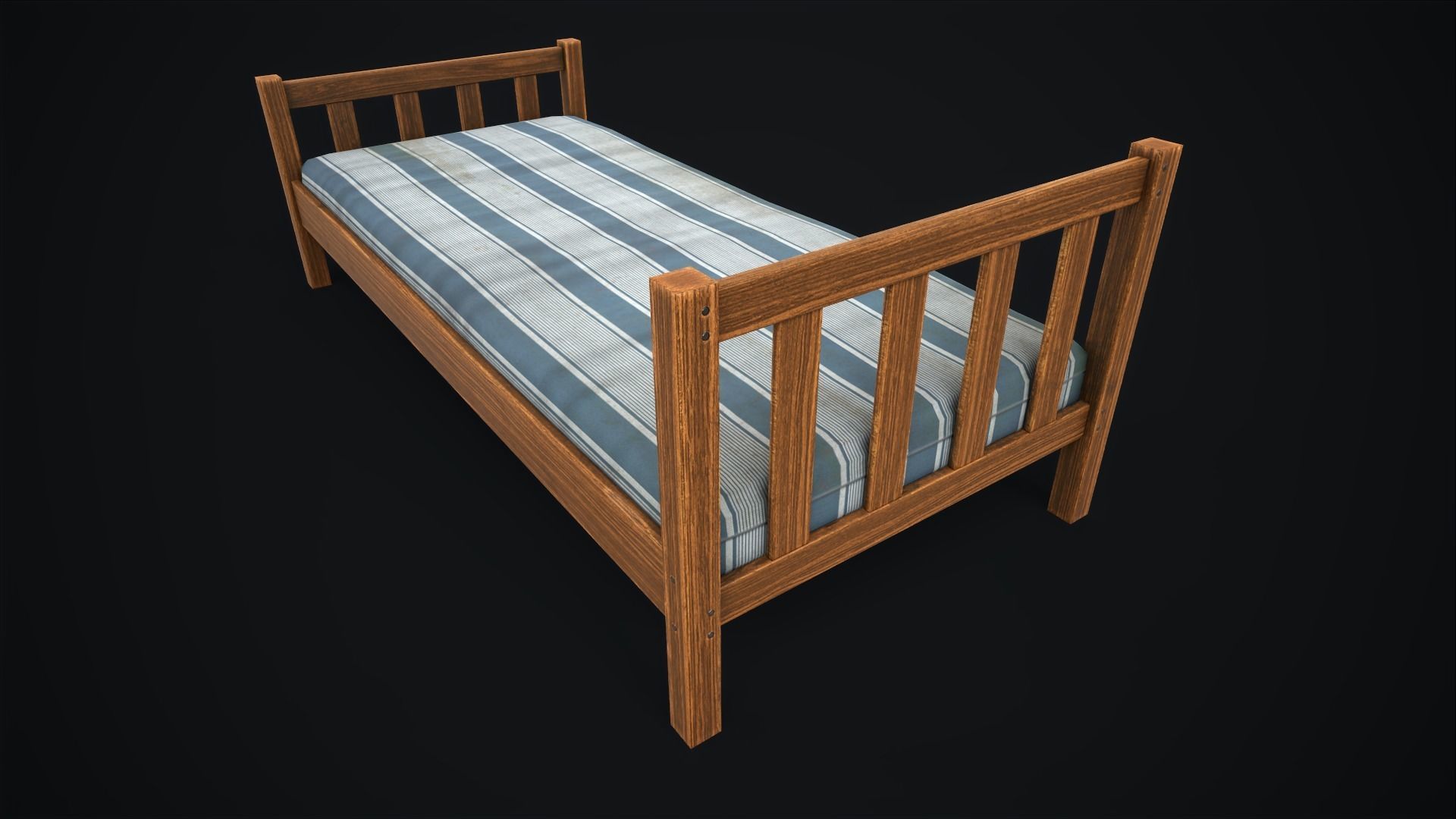 Wooden simple single bed Low-poly 3D model_7