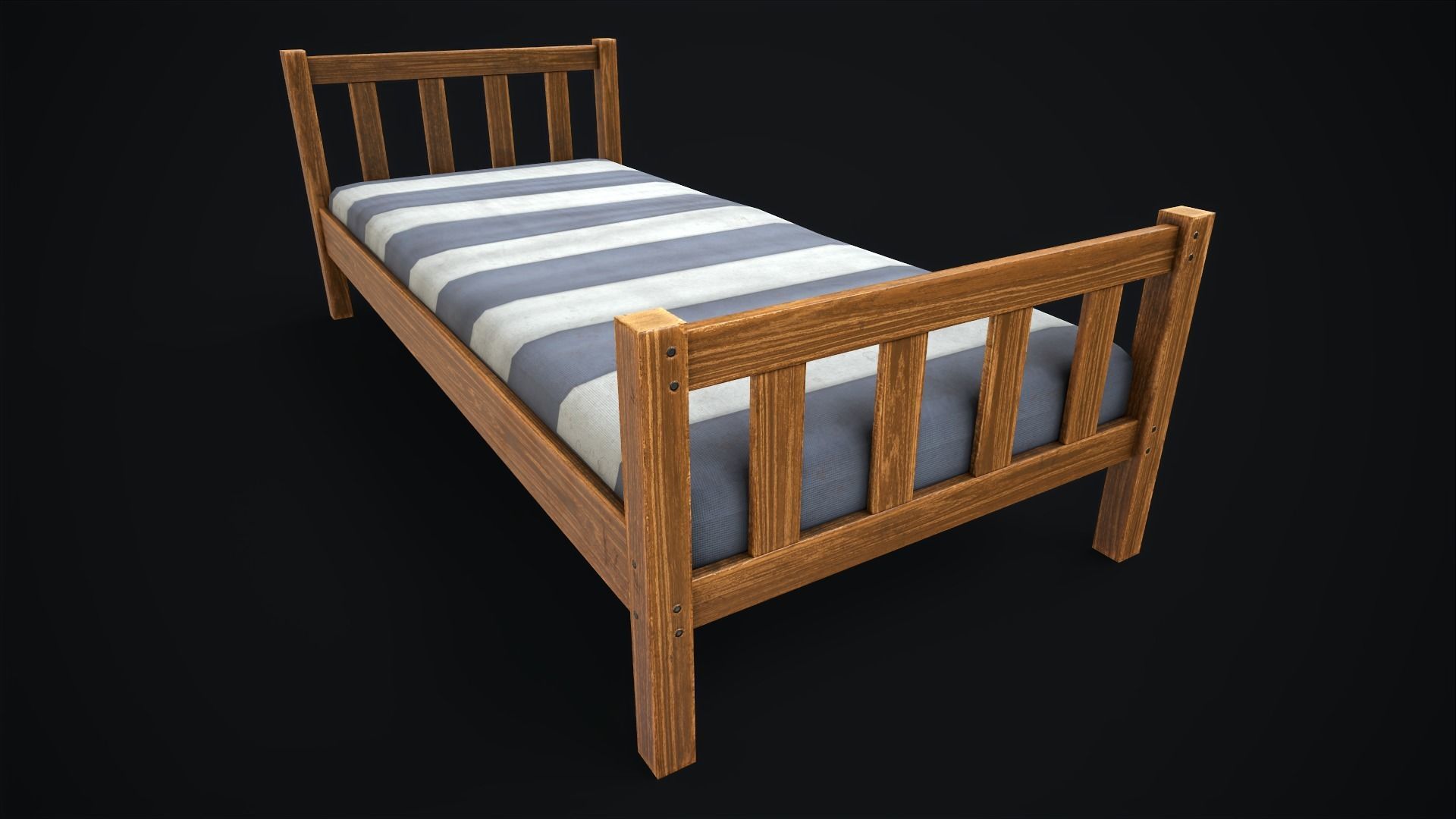 Wooden simple single bed Low-poly 3D model_6