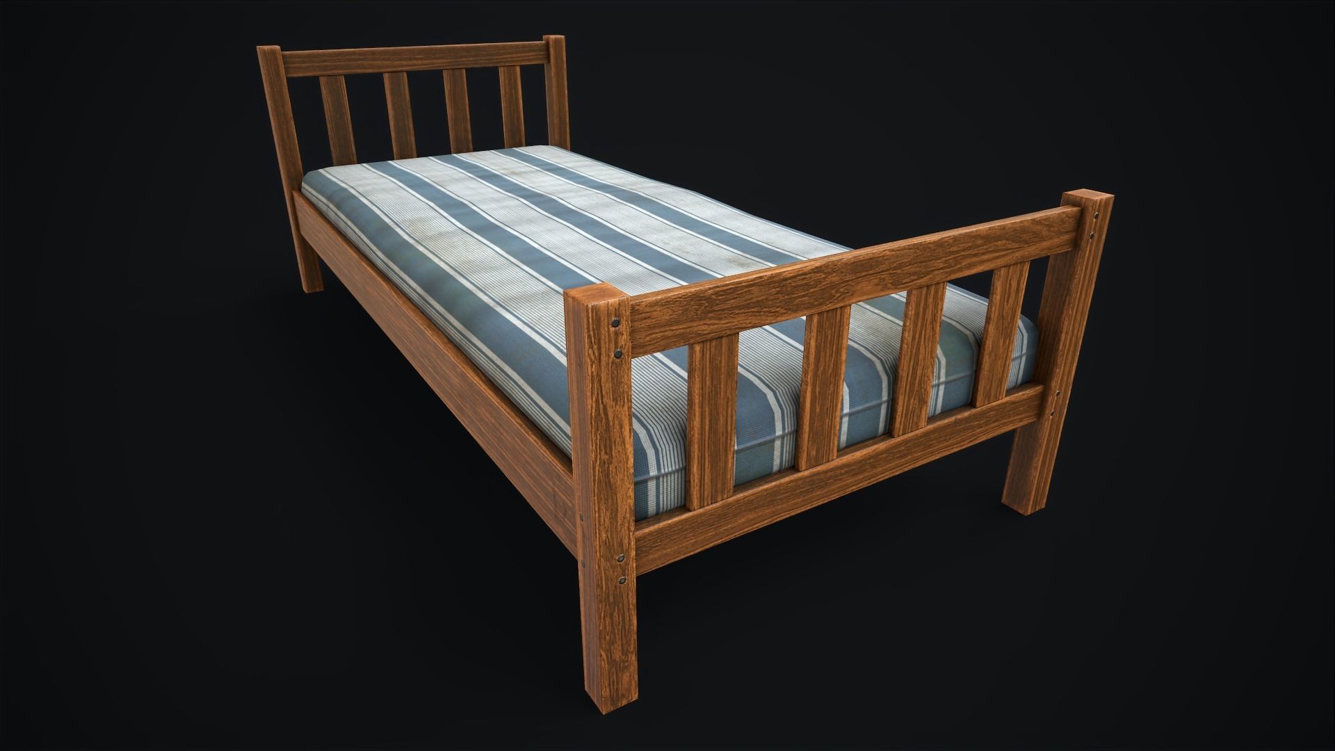 Wooden simple single bed Low-poly 3D model_5