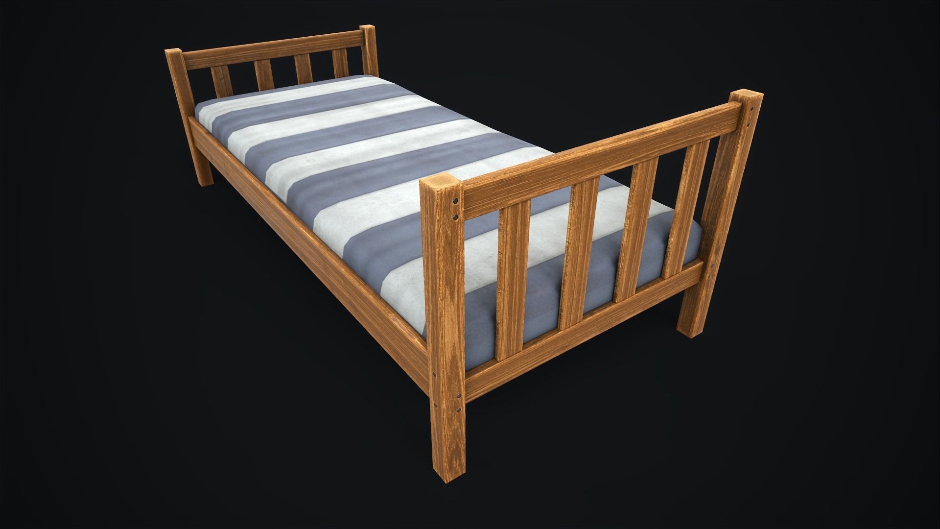 Wooden simple single bed Low-poly 3D model_8