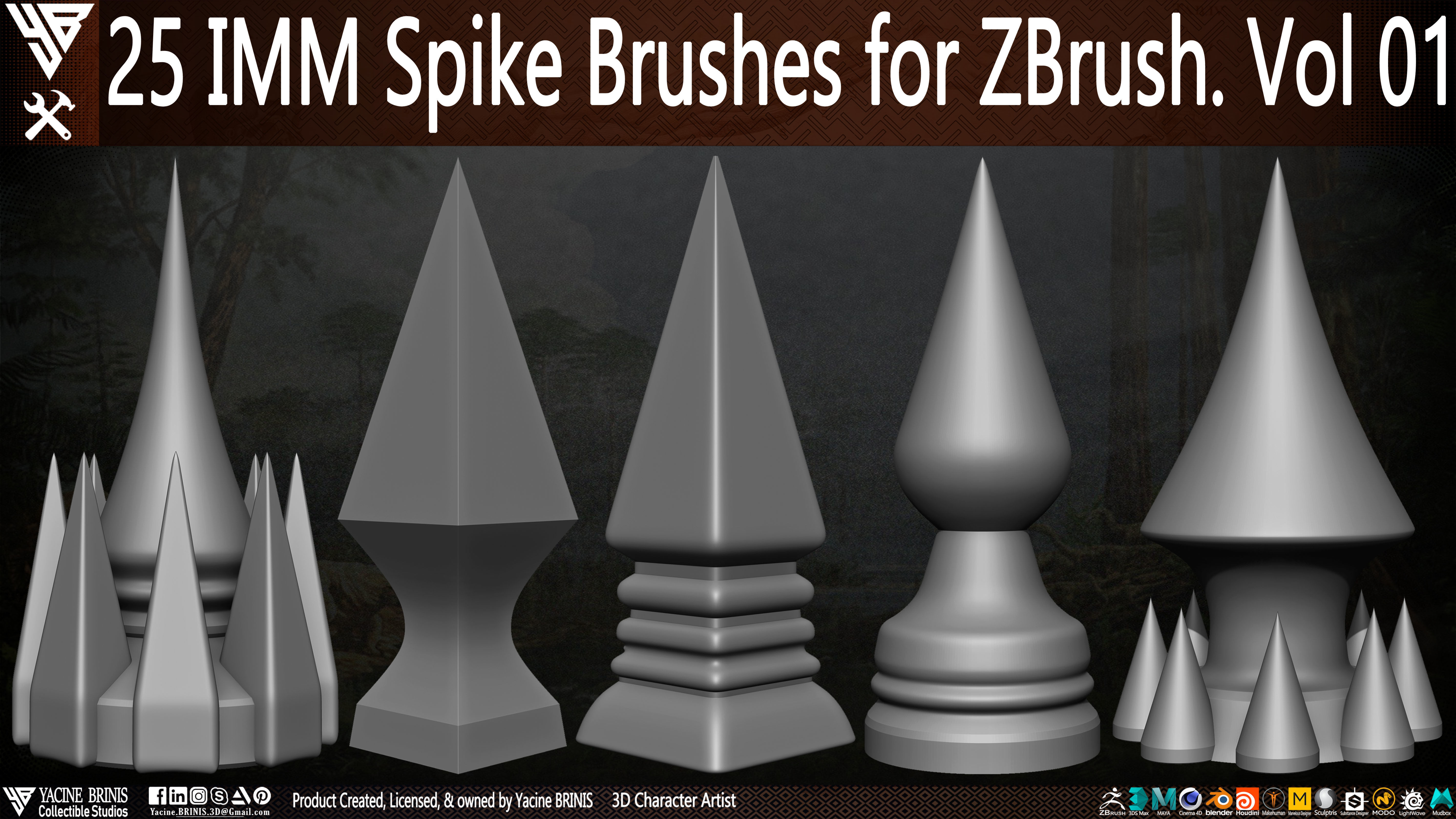 25 IMM Spike Brushes for ZBrush Vol 01 Low-poly 3D model_4