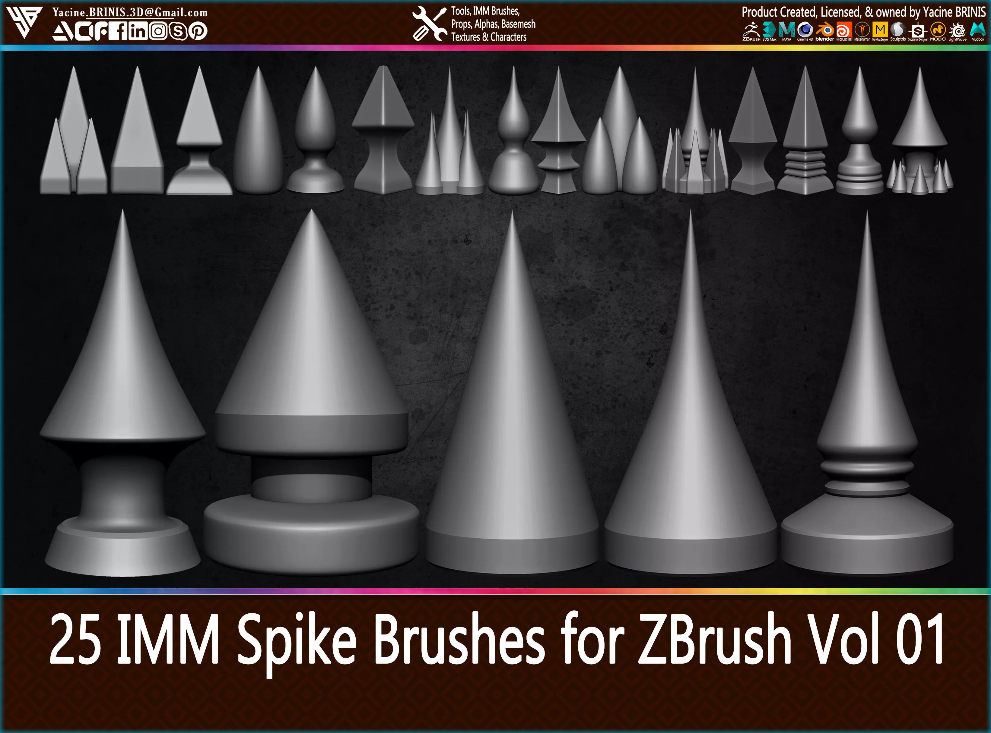 25 IMM Spike Brushes for ZBrush Vol 01 Low-poly 3D model_0