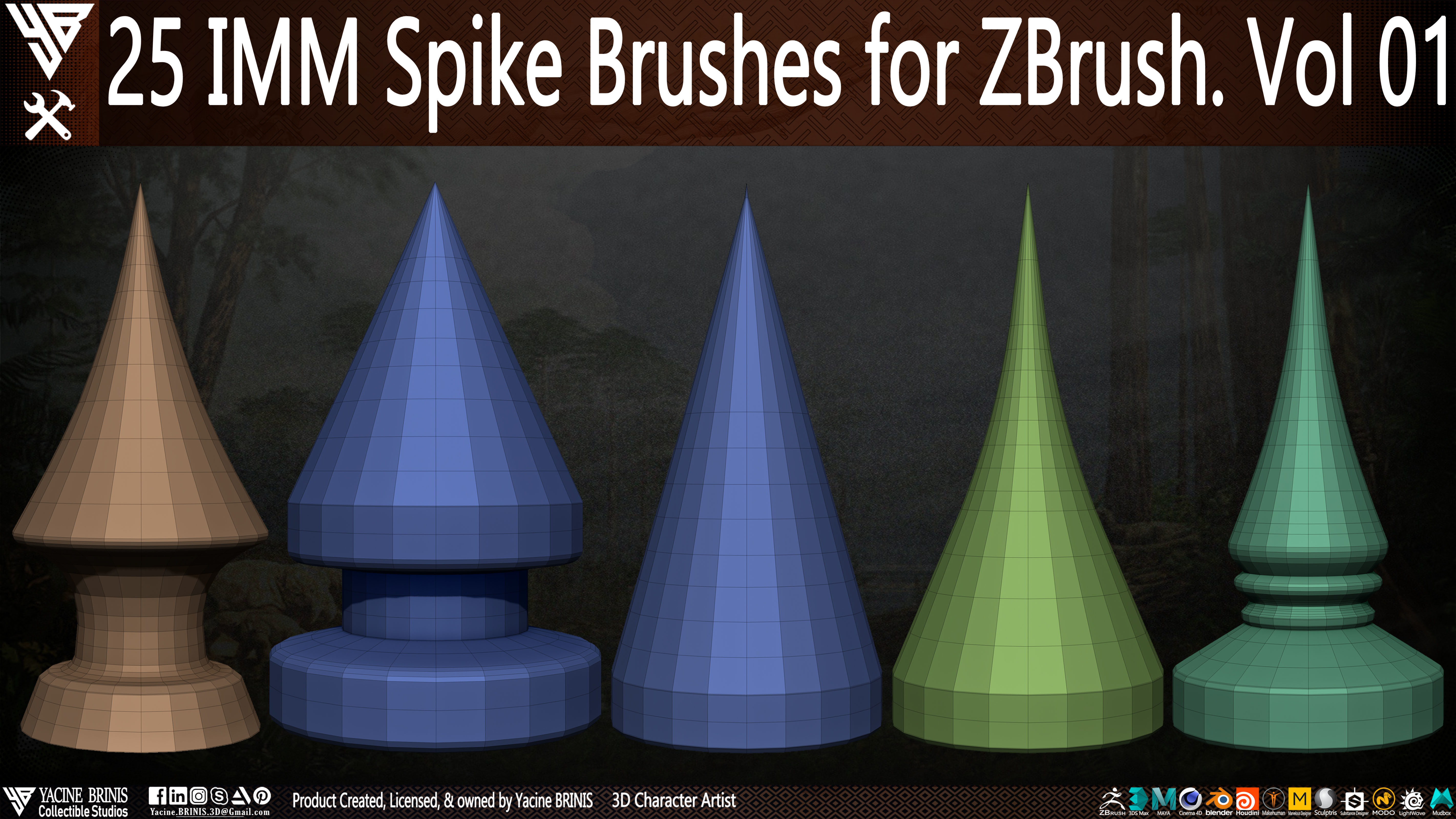 25 IMM Spike Brushes for ZBrush Vol 01 Low-poly 3D model_6