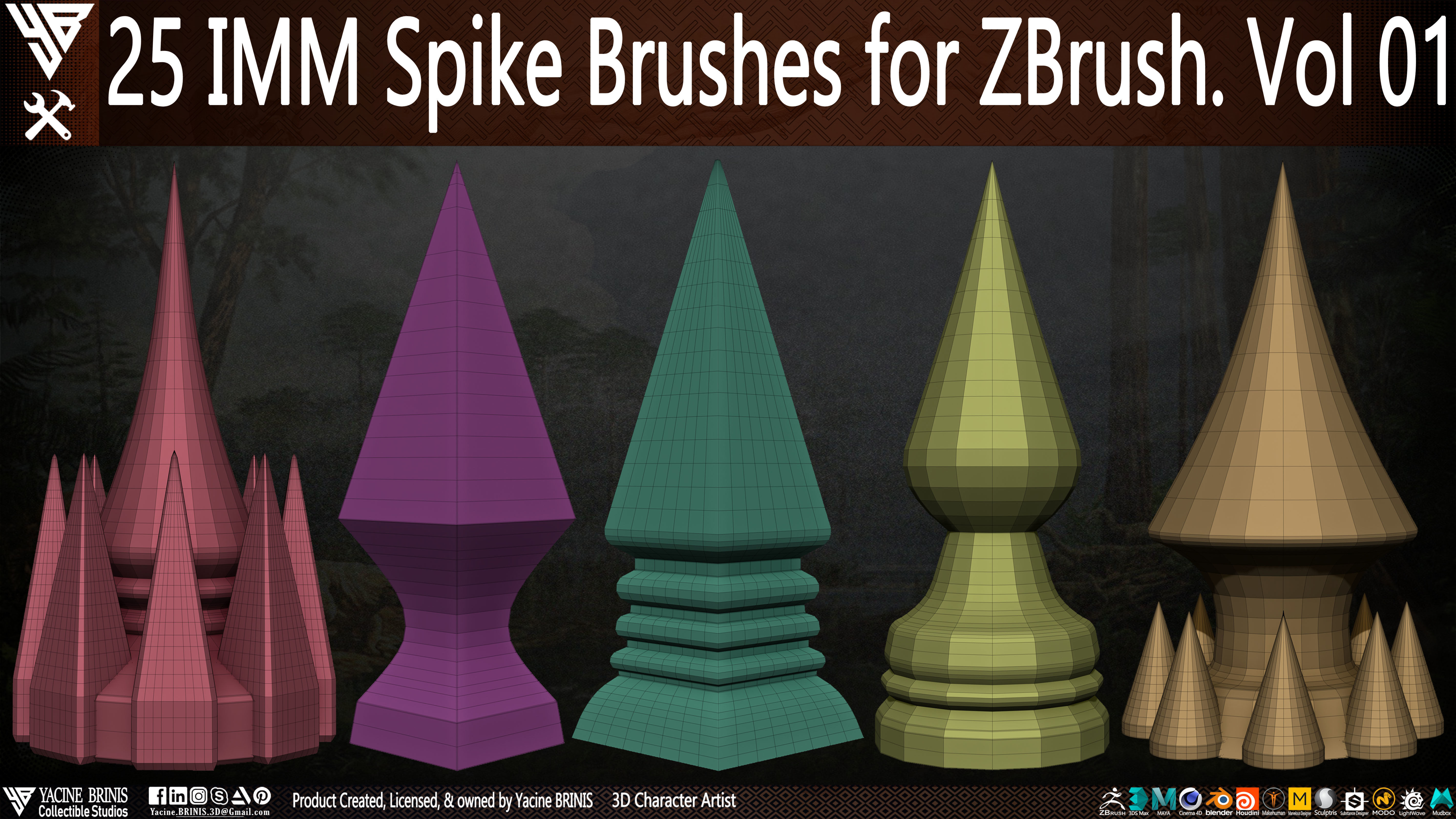 25 IMM Spike Brushes for ZBrush Vol 01 Low-poly 3D model_9