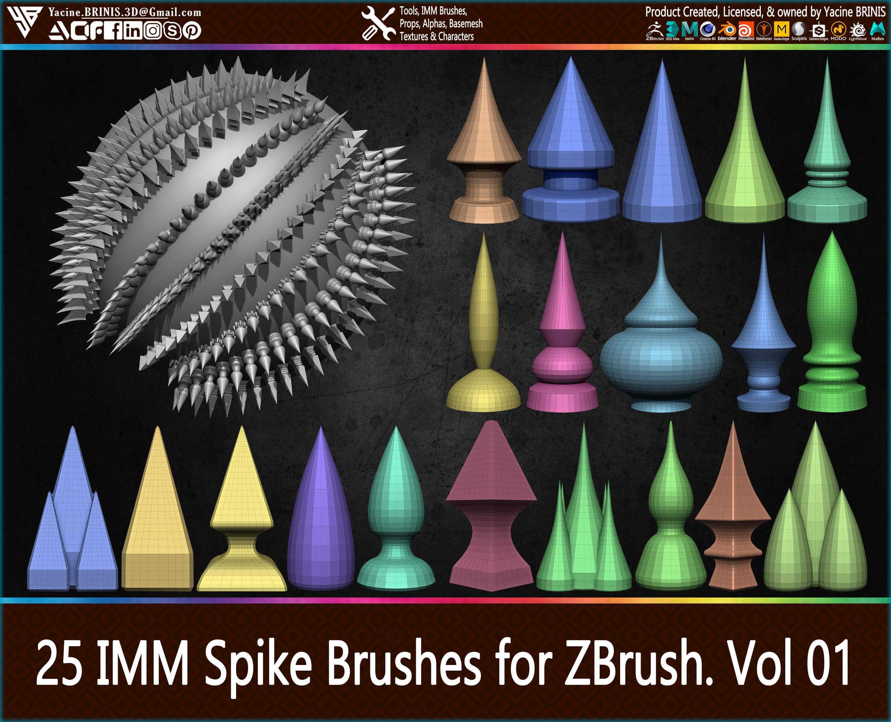 25 IMM Spike Brushes for ZBrush Vol 01 Low-poly 3D model_13