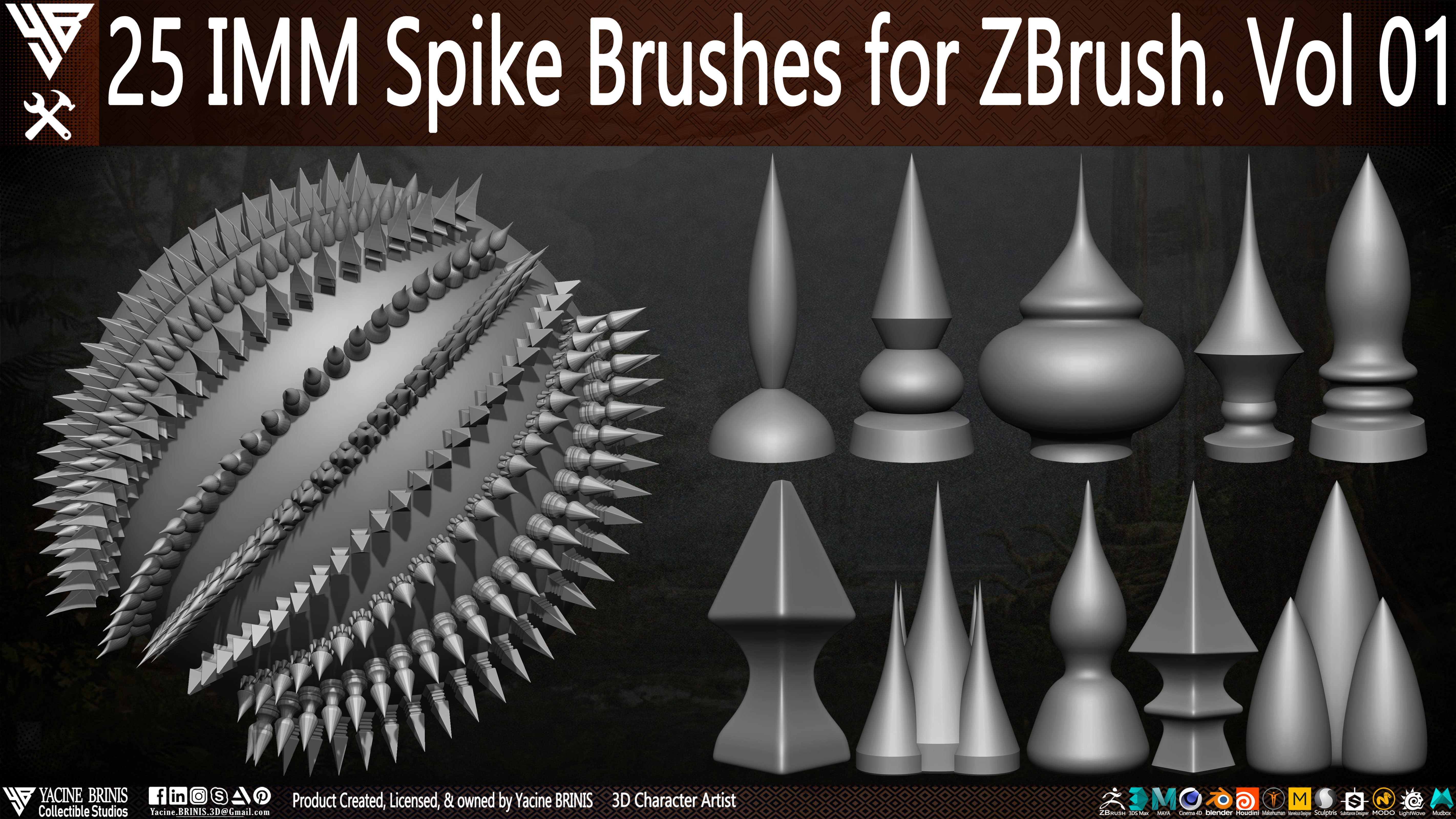 25 IMM Spike Brushes for ZBrush Vol 01 Low-poly 3D model_11